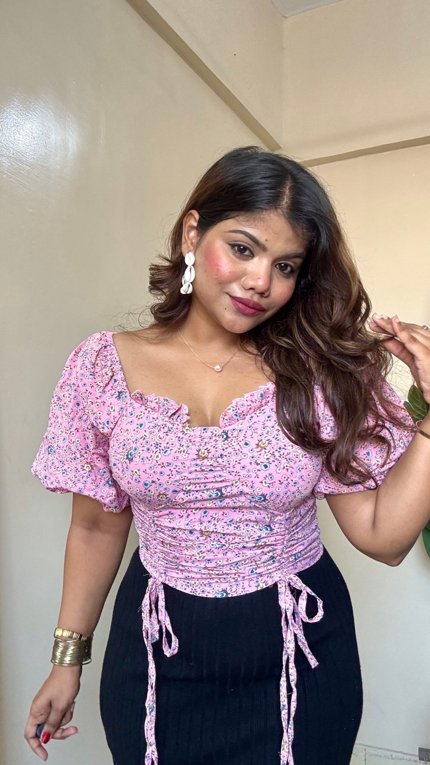 Pink Floral Puff Sleeve Padded Top