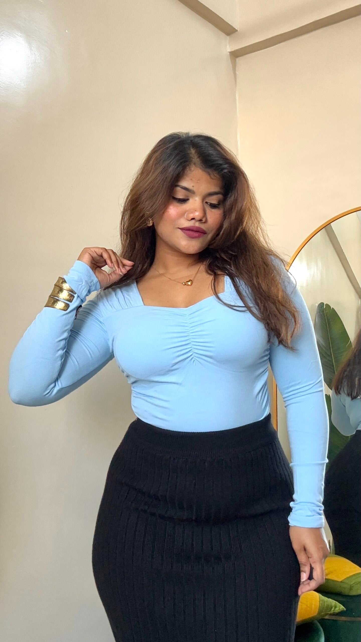 Blue Sweetheart Neck Ruched Padded Top