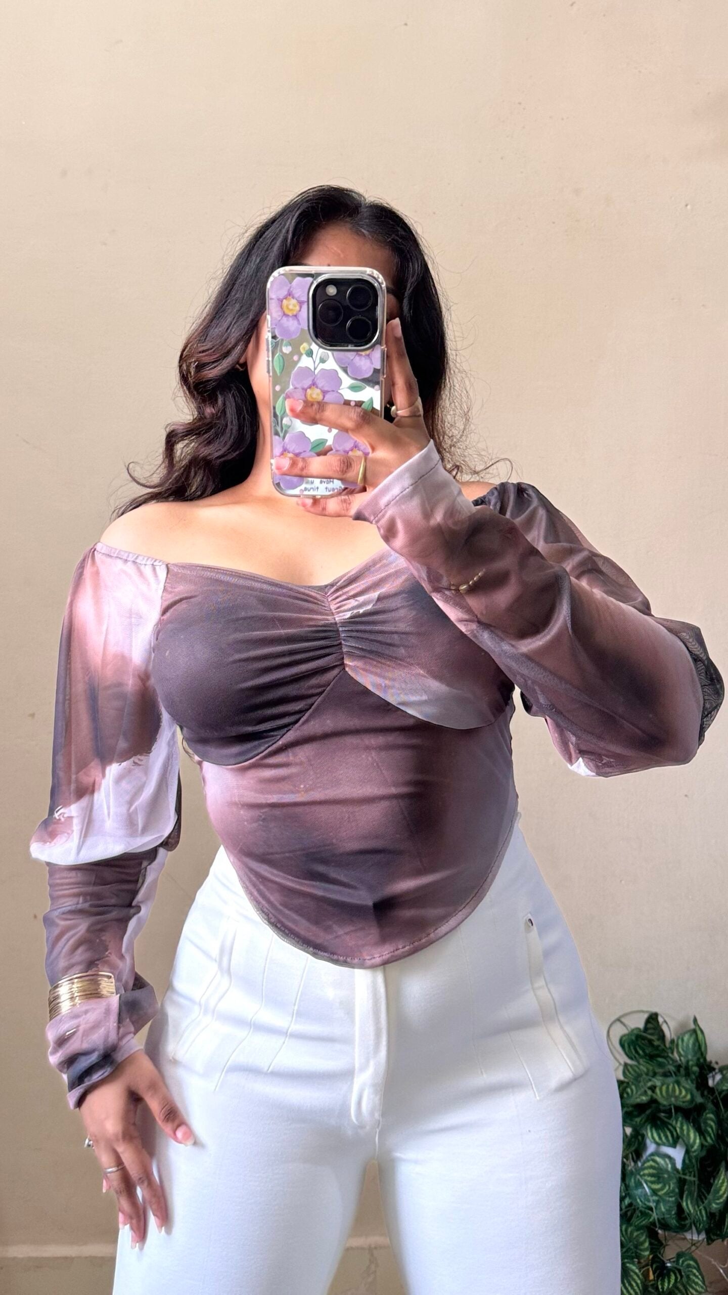 Brown Marble Print Puff Sleeves Mesh Top