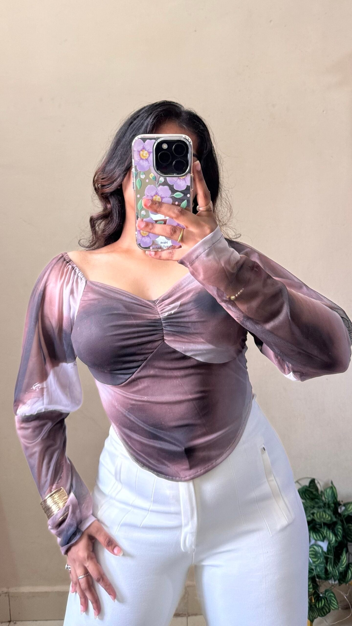 Brown Marble Print Puff Sleeves Mesh Top