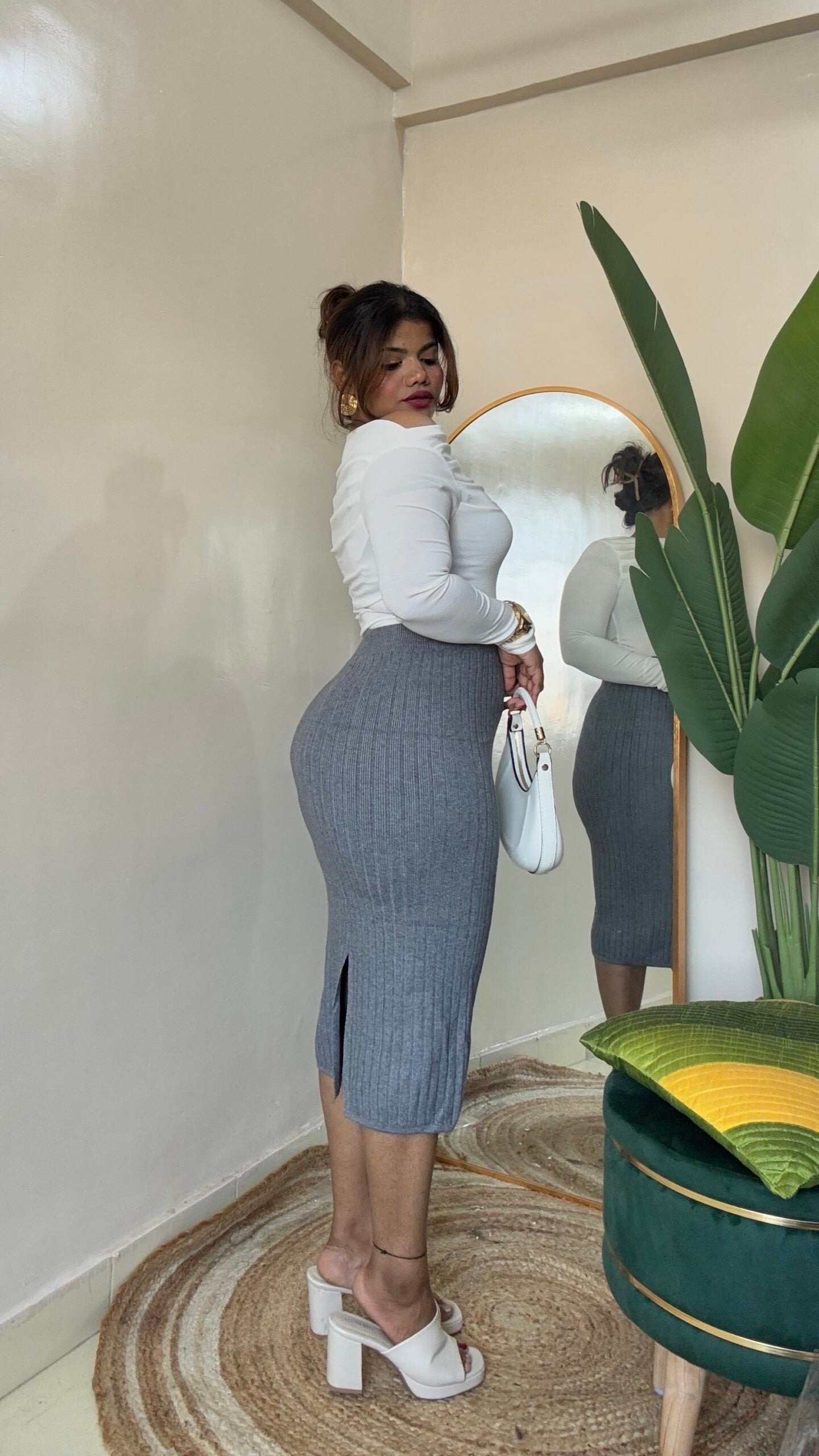 White Top With Grey Ribbed Bodycon Skirt