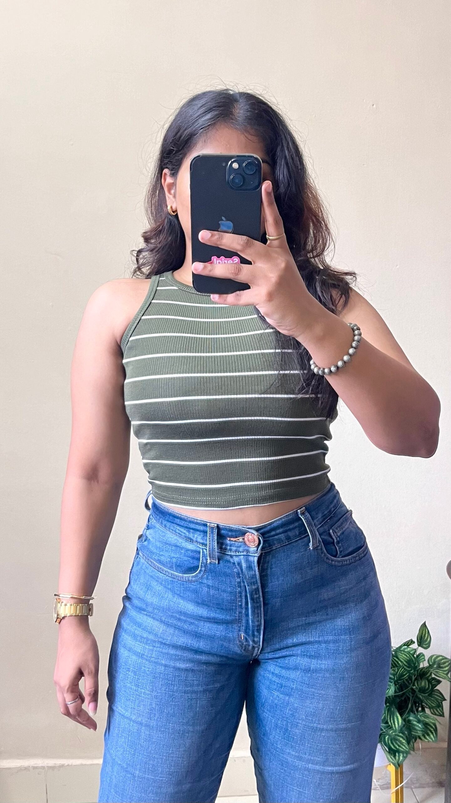 Olive Green Striped Crop Top