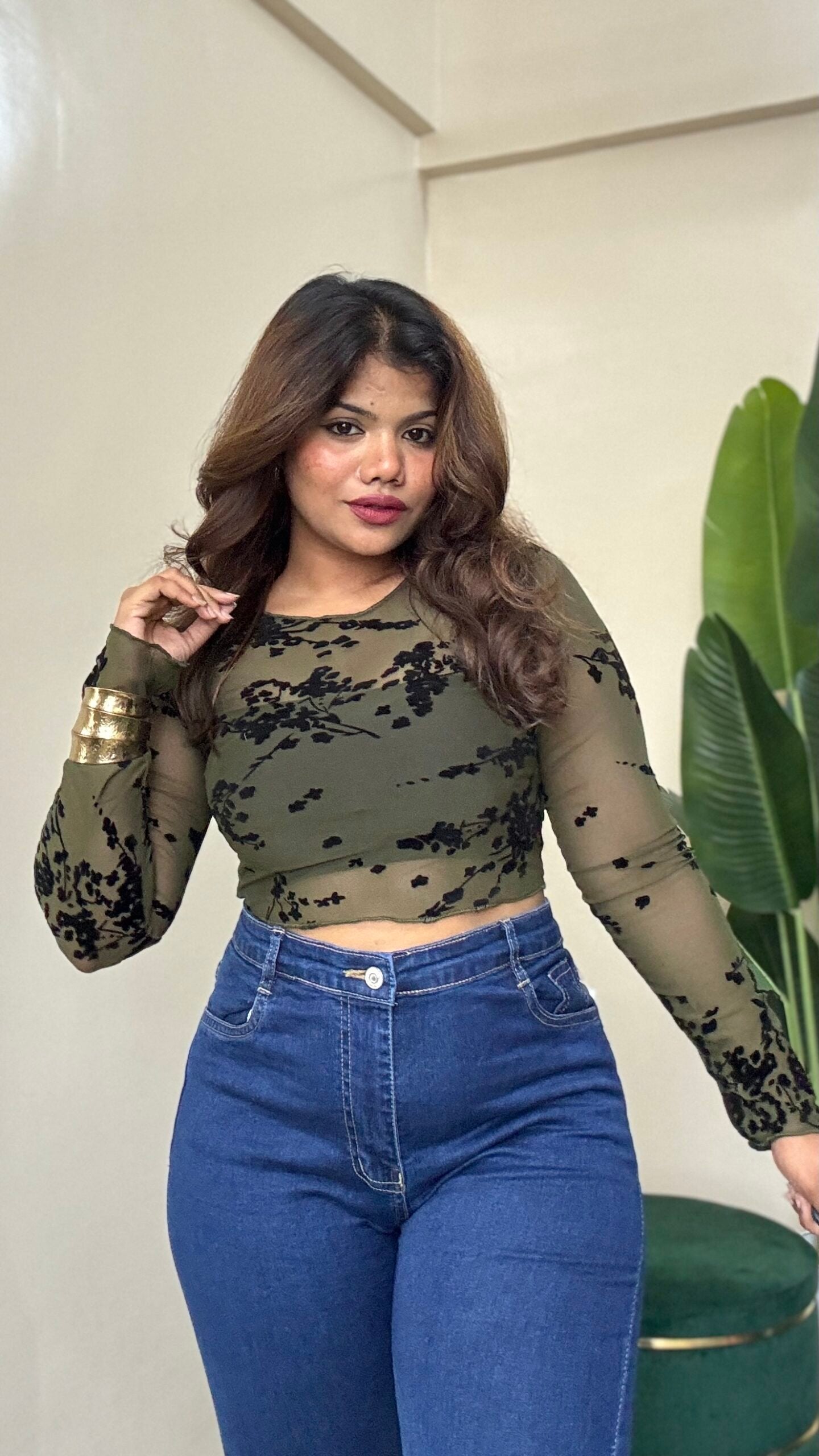 Green Floral Barque Print Mesh Top With Inner