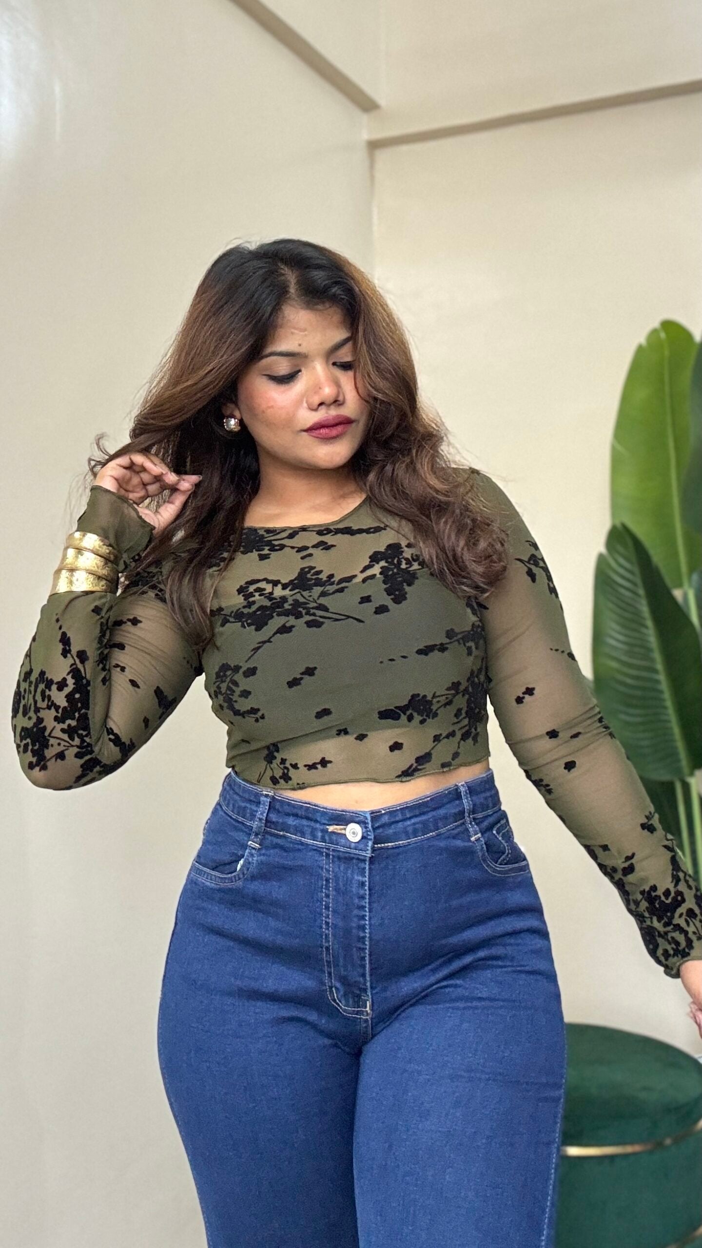 Green Floral Barque Print Mesh Top With Inner