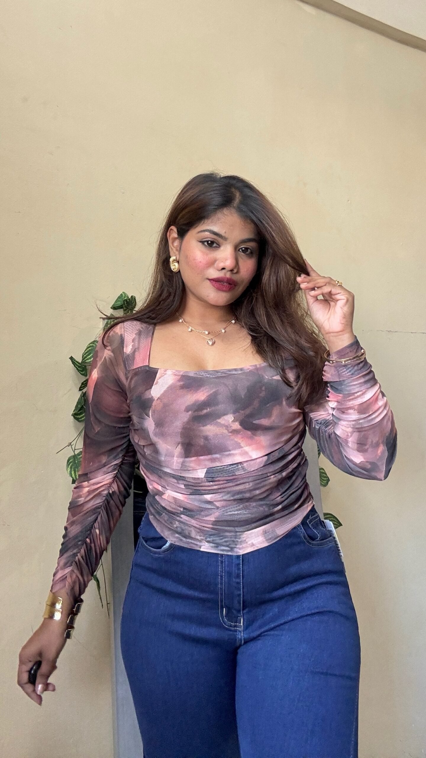 Brown Marble Print Ruched Mesh Top