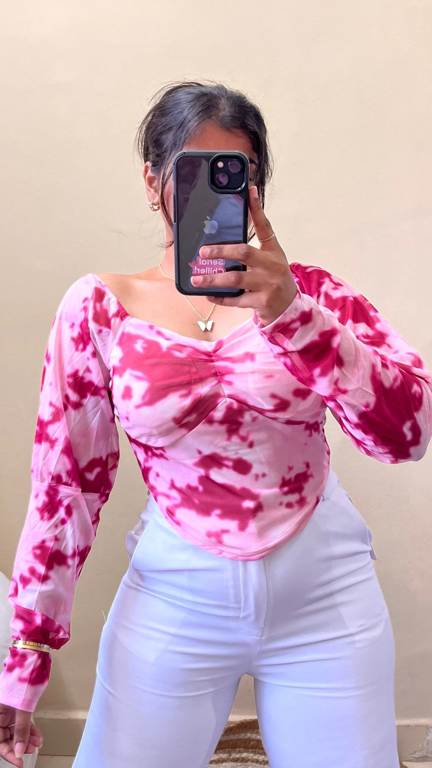 Pink Marble Print Puff Sleeves Mesh Top