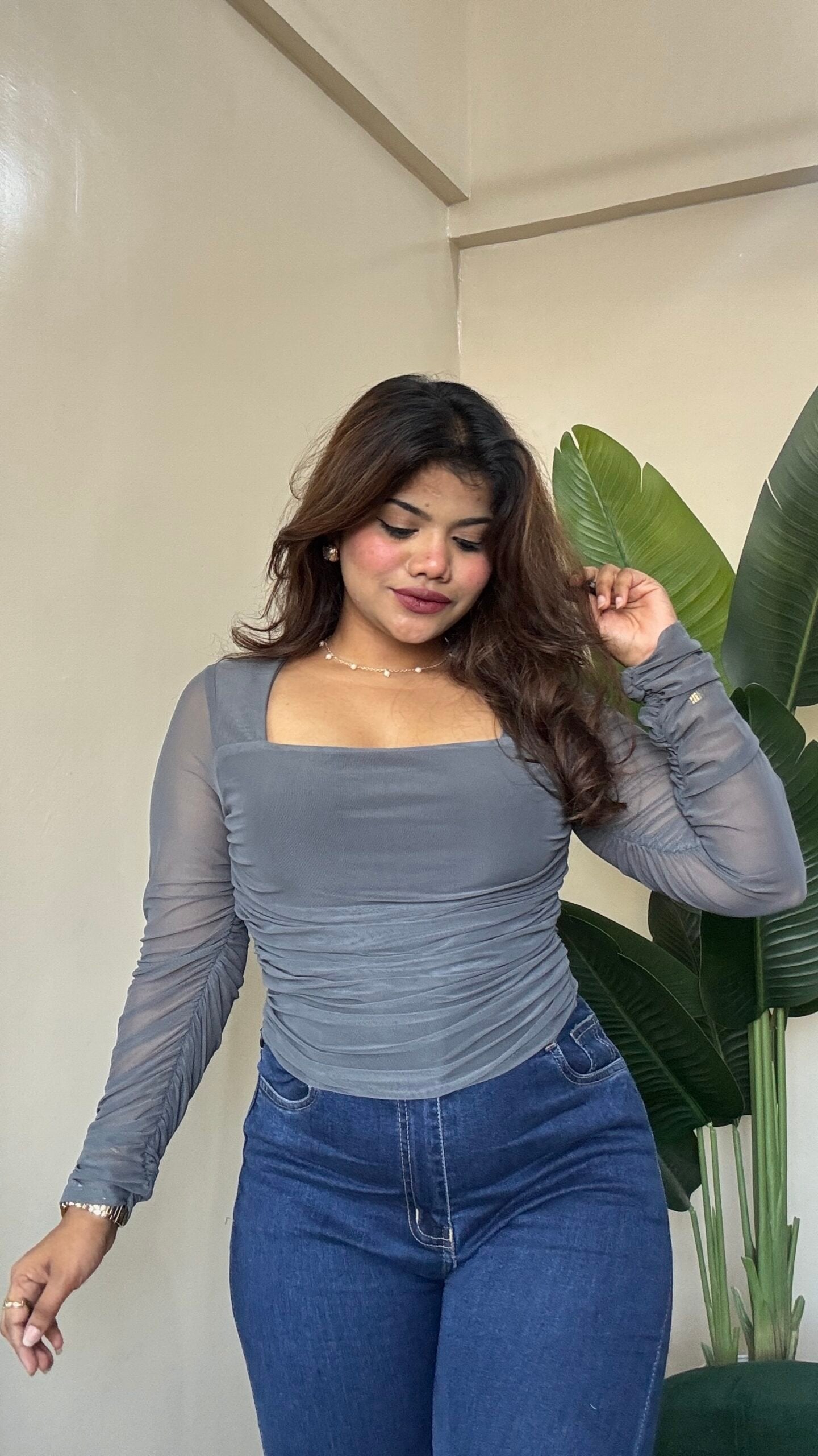 Grey Ruched Mesh Top