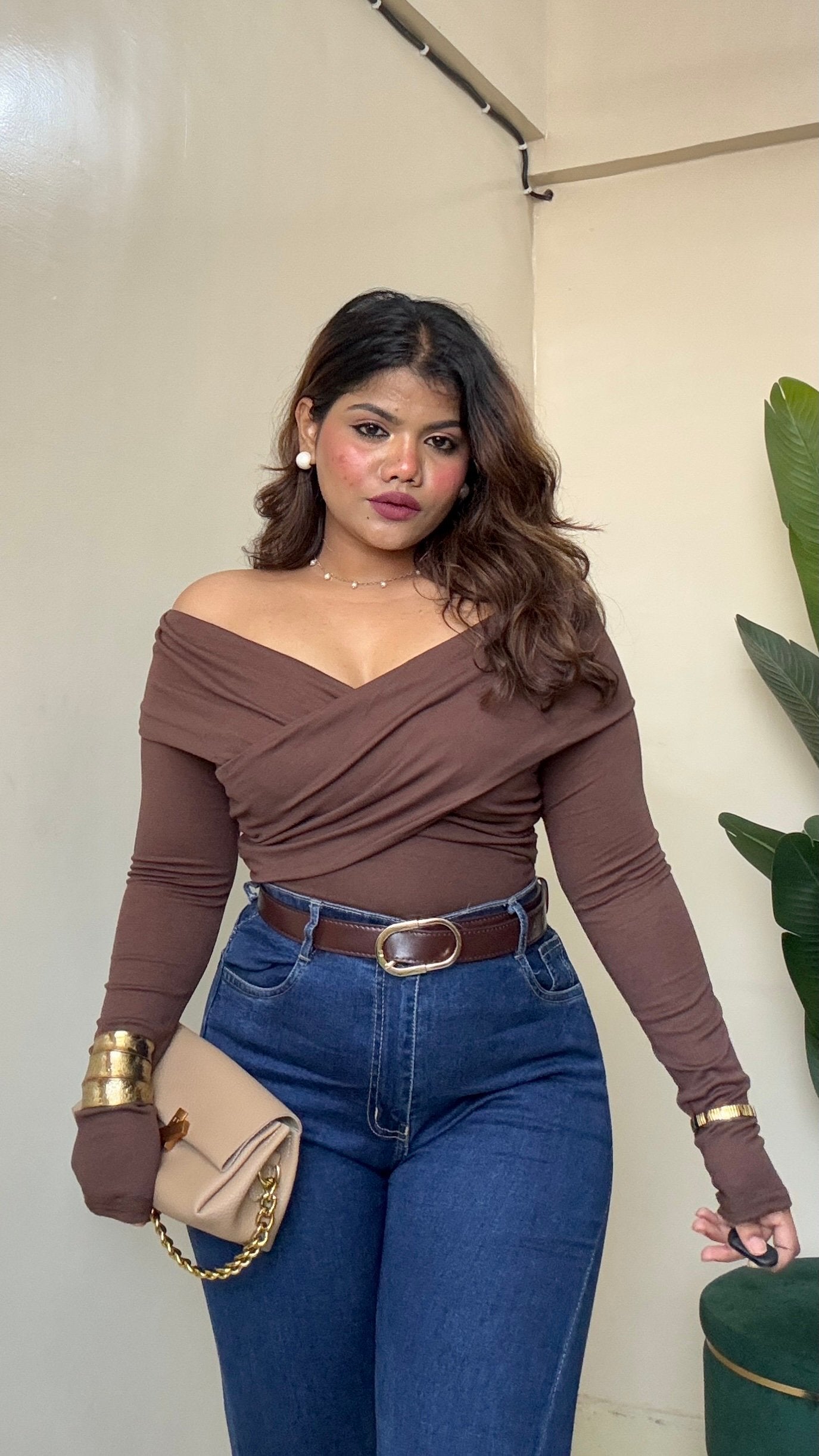 Brown Crossover Body-fitted Top