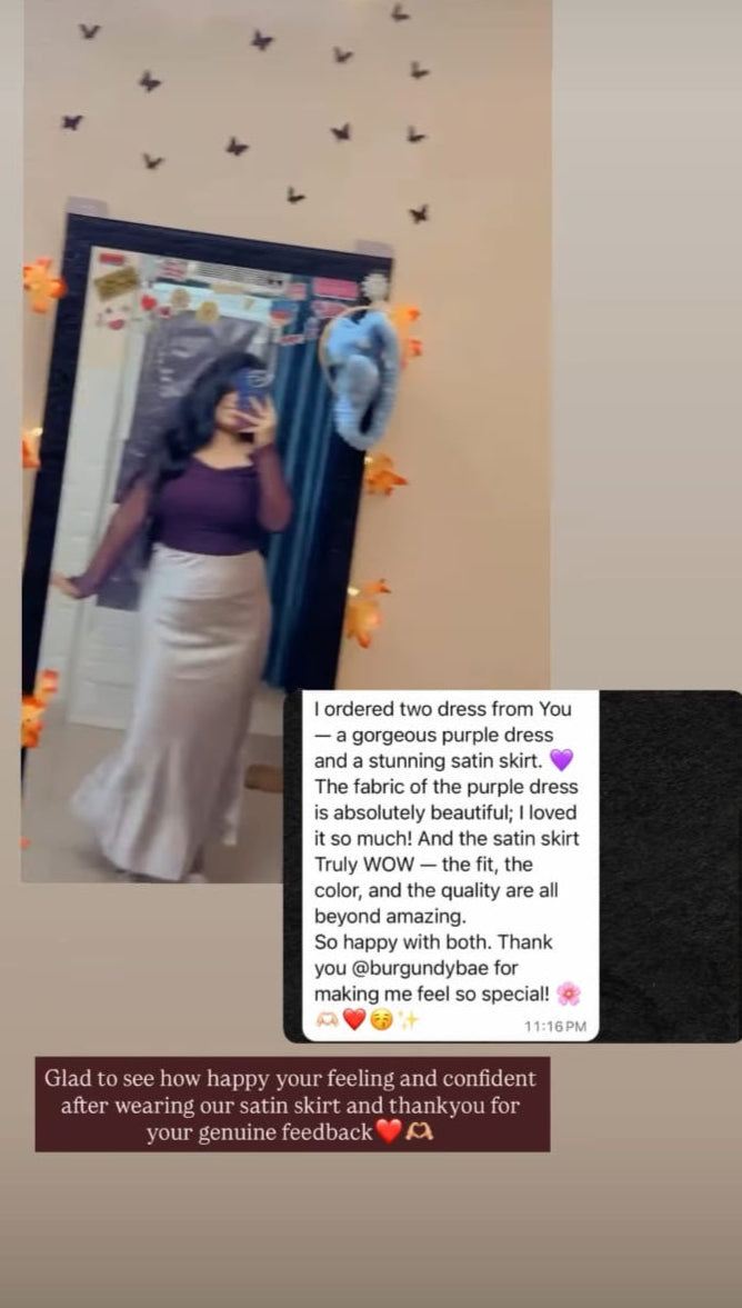 Customer story for Combo Velvet Maroon Mesh Top & Black Satin Pleated Skirt