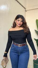 Off-Shoulder Top With Flower Bow - #9908