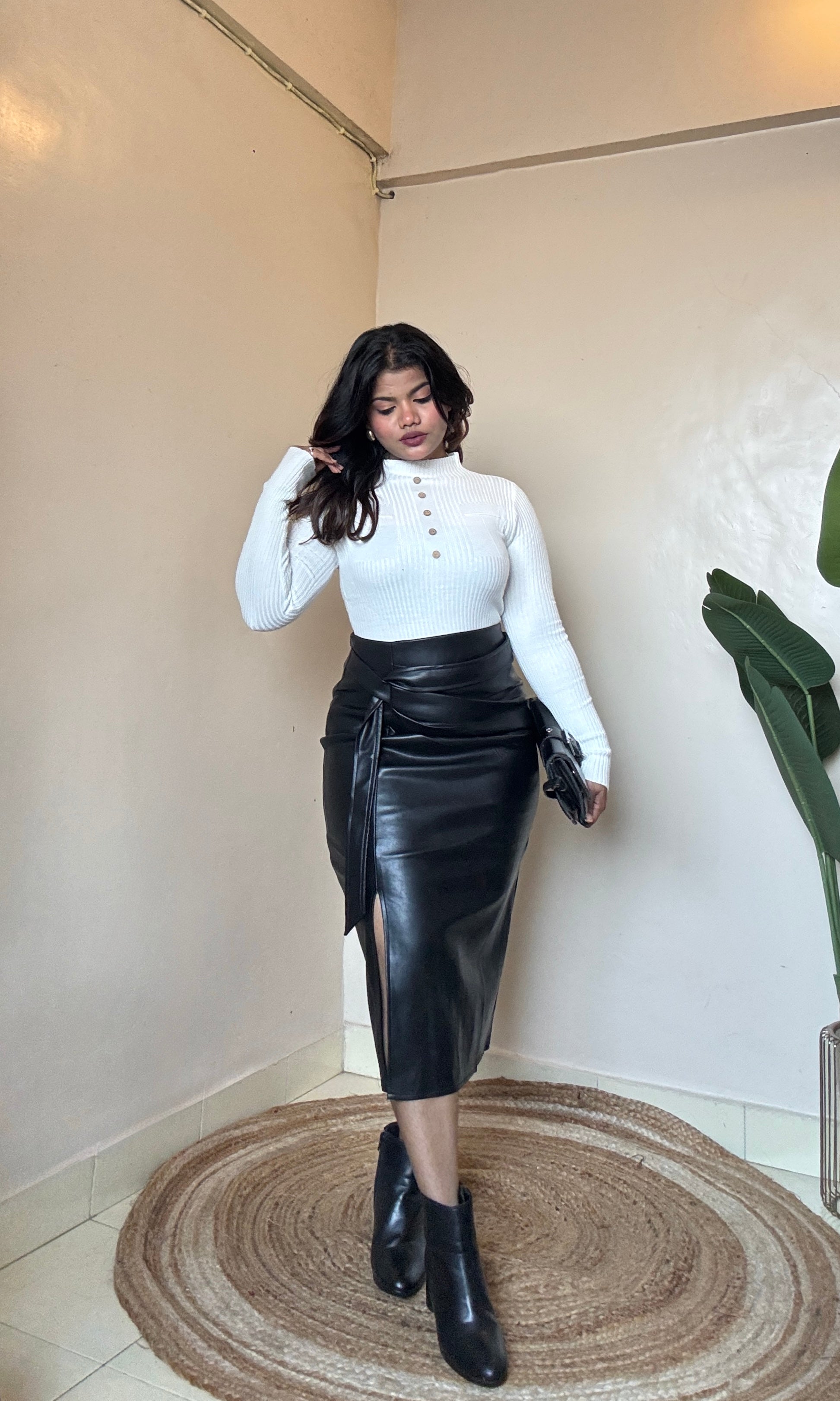 Premium Leather Ruched Slit Cut Skirt