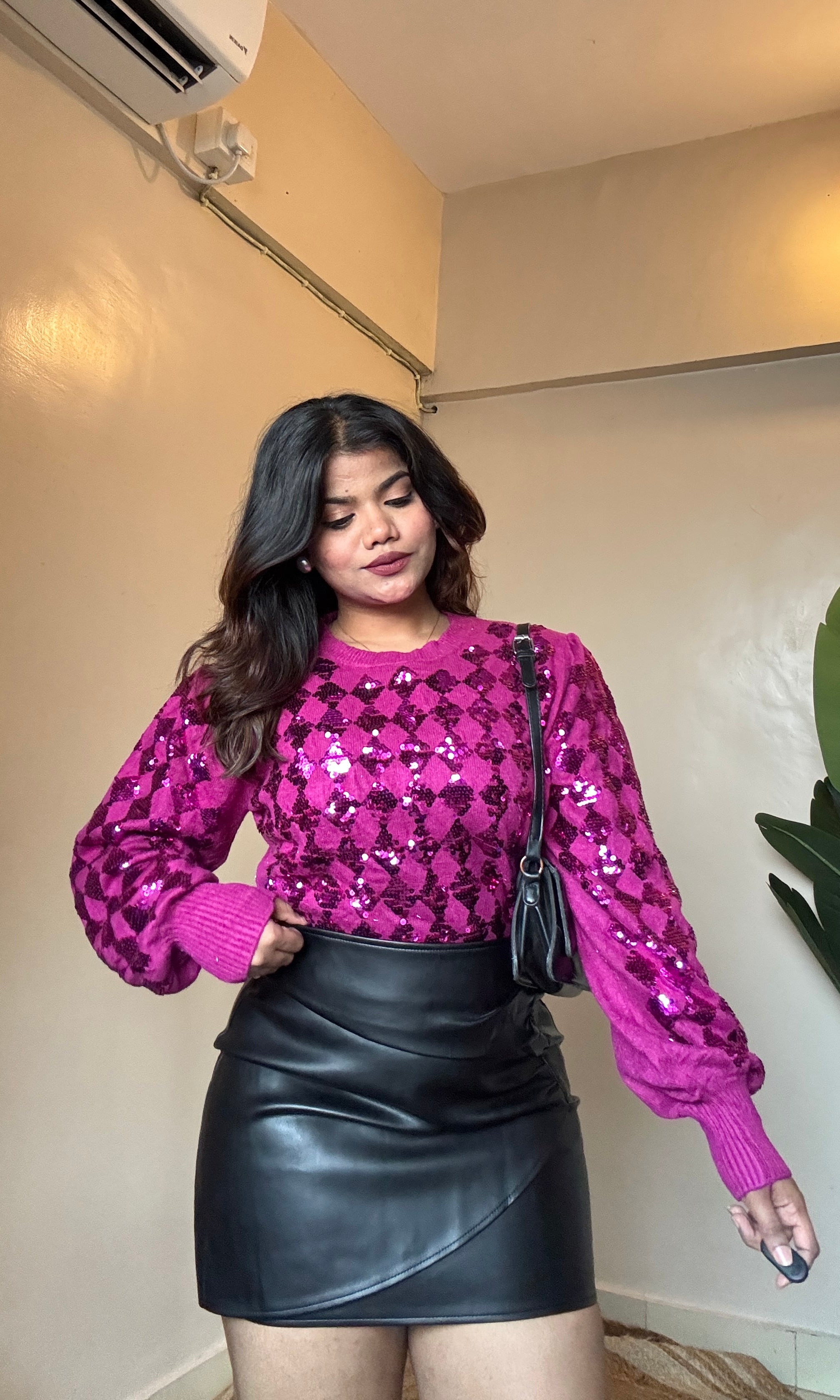 Pink Sequin Puffy Sleeve Pullover