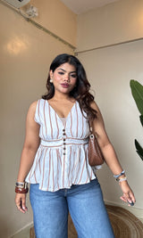 Stripe Peplum V Neck Top