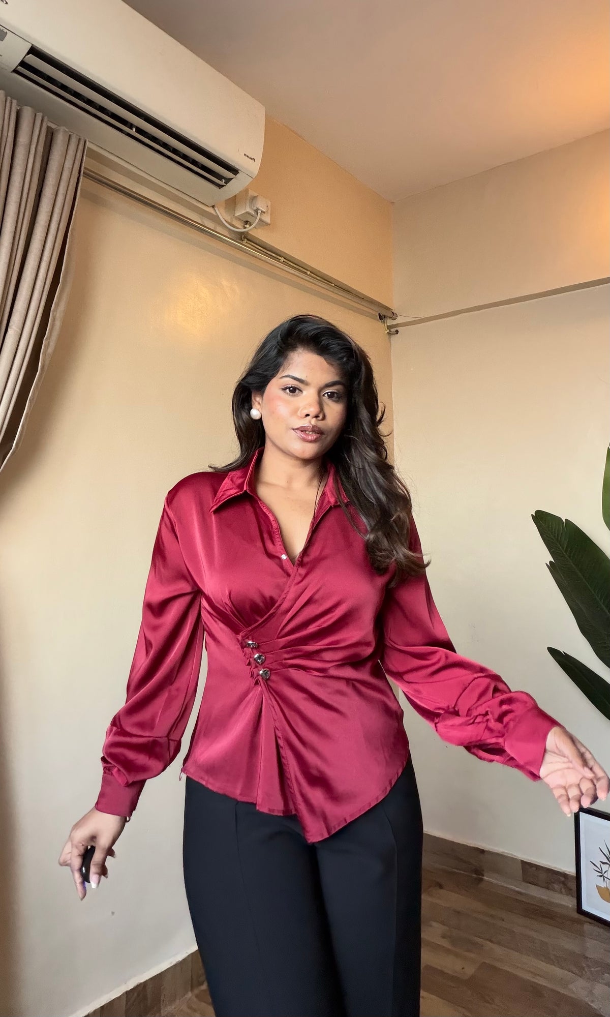 Satin Ruched Wrap Shirt