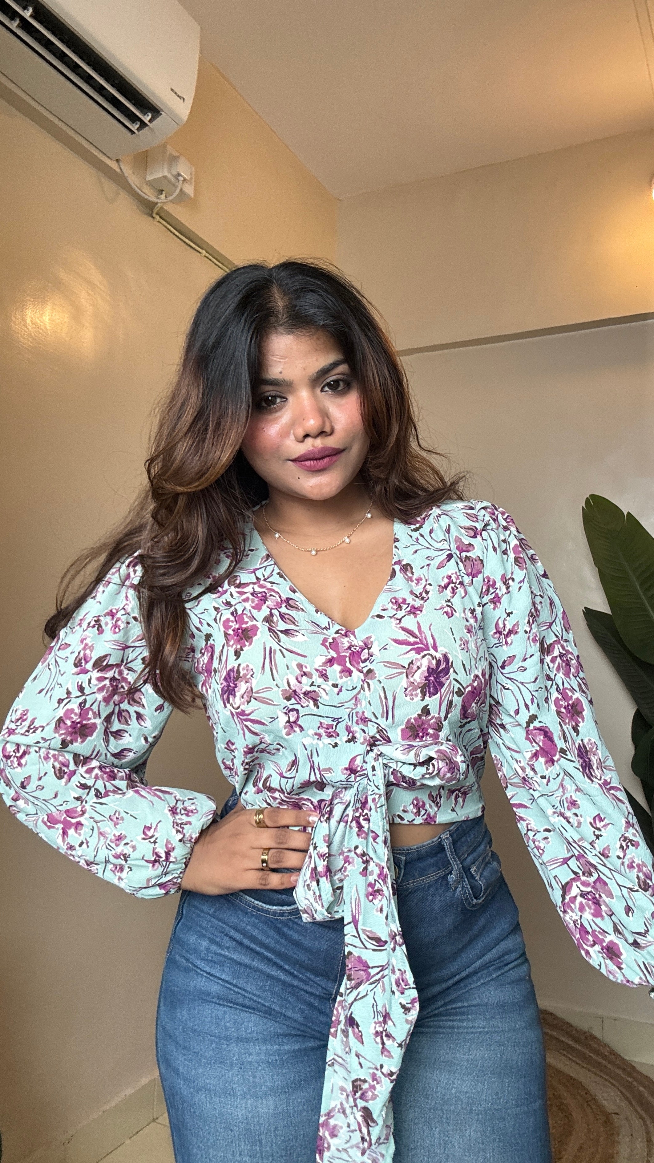 Floral Printed Front Bow Tie-Up Top