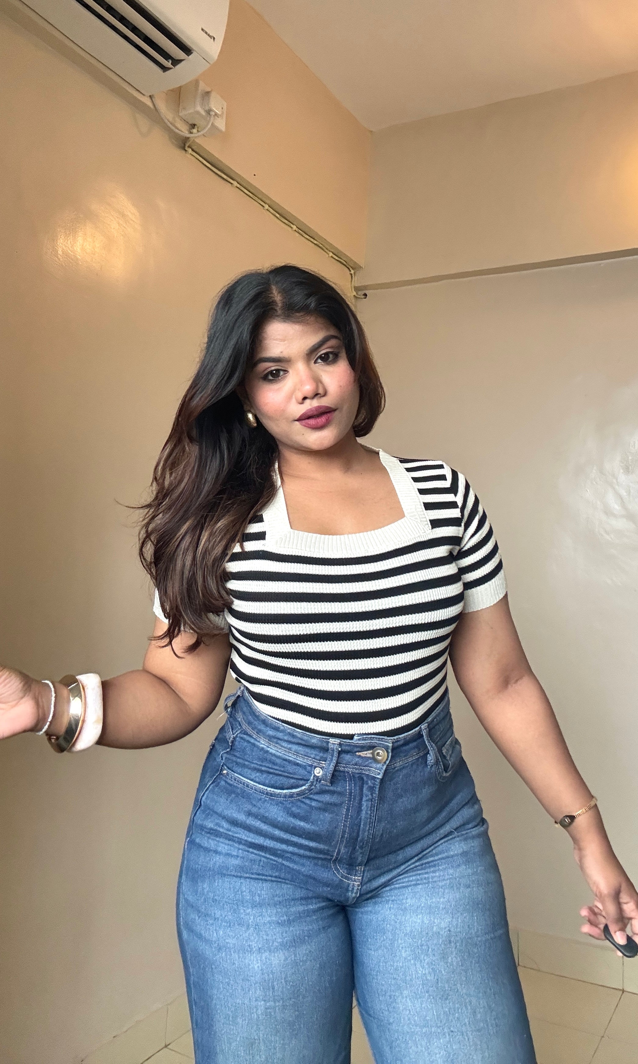 Black N White Striped Square Neck Top