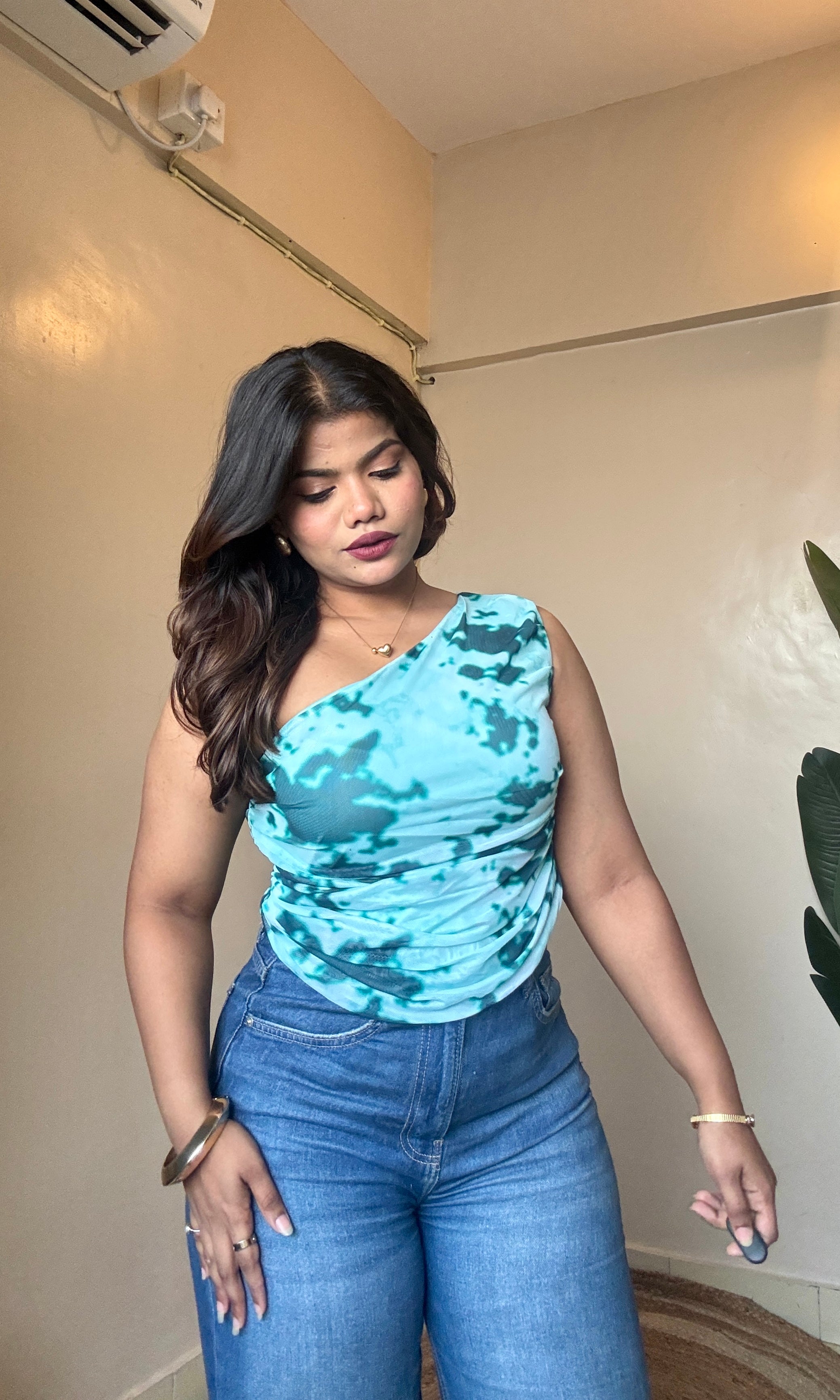 Aqua Blue Marble Print One-Shoulder Mesh Top