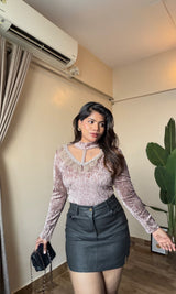 Ruffle Mesh Work Velvet Top