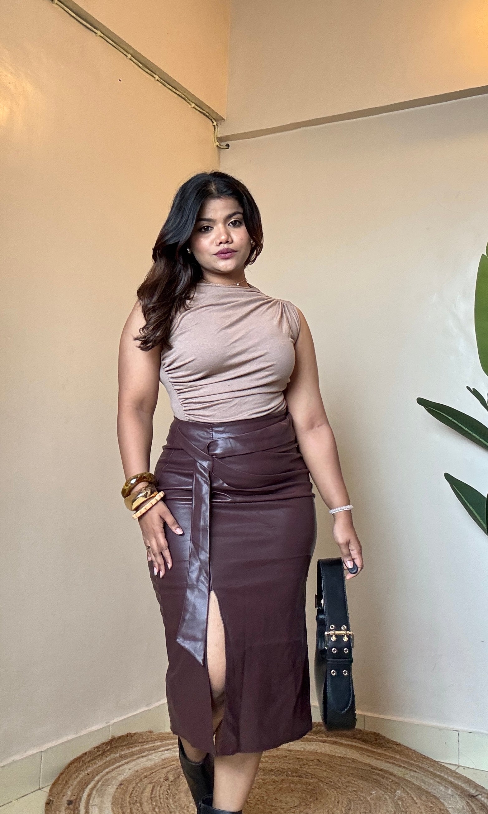 Faux Leather Ruched Pencil Skirt - Main Image