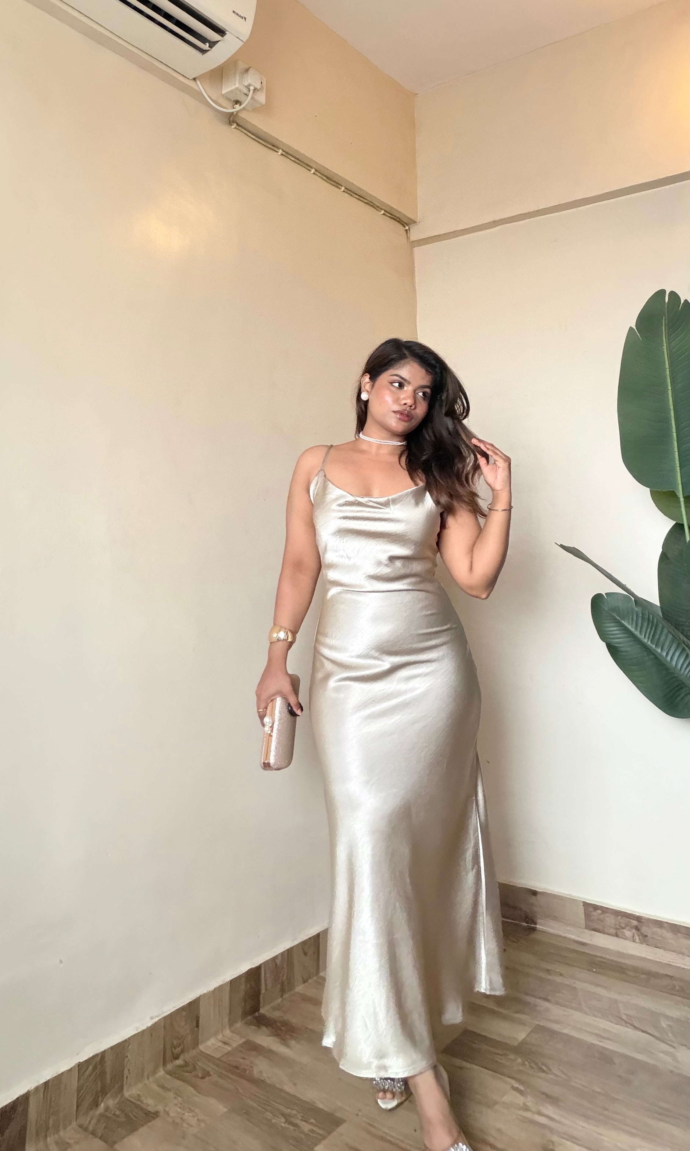 Golden Beige Satin Slip Dress