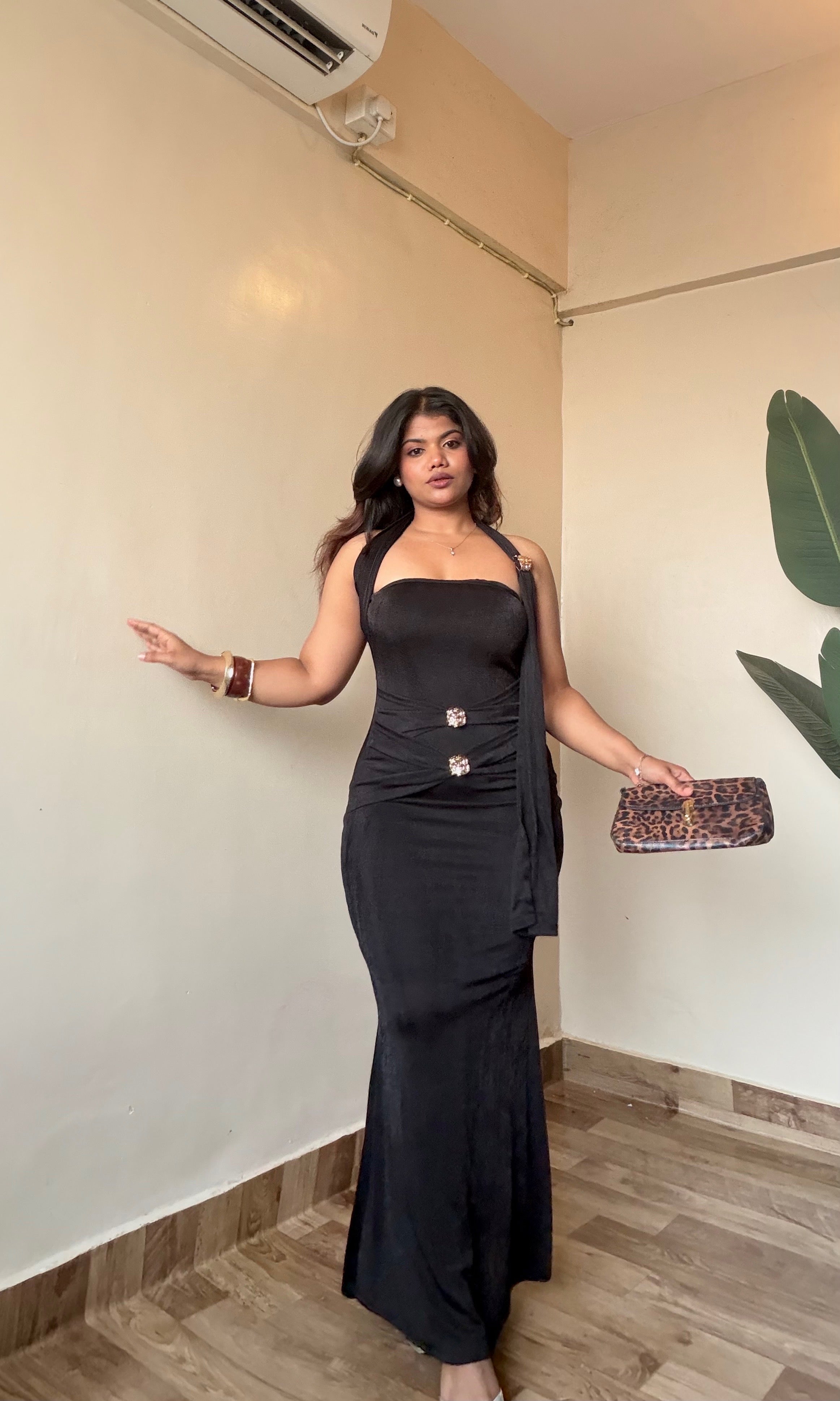 Premium Metallic-Brochure Halter Neck Bodycon Dress