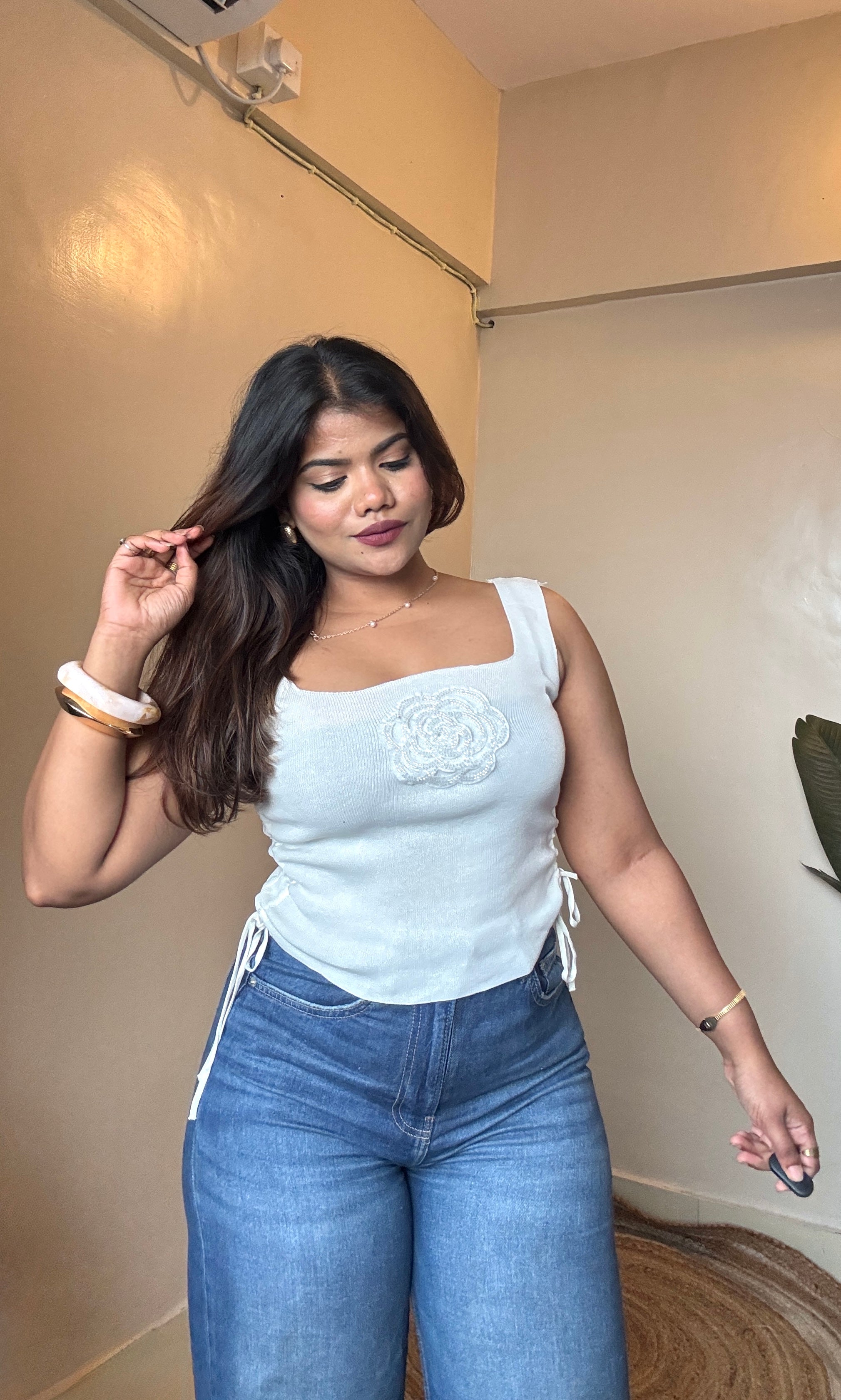 Flower Work Square Neck Ruched Top