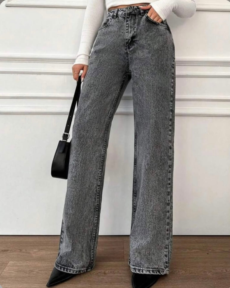 Charcoal Grey High Waist Wide Leg Jeans