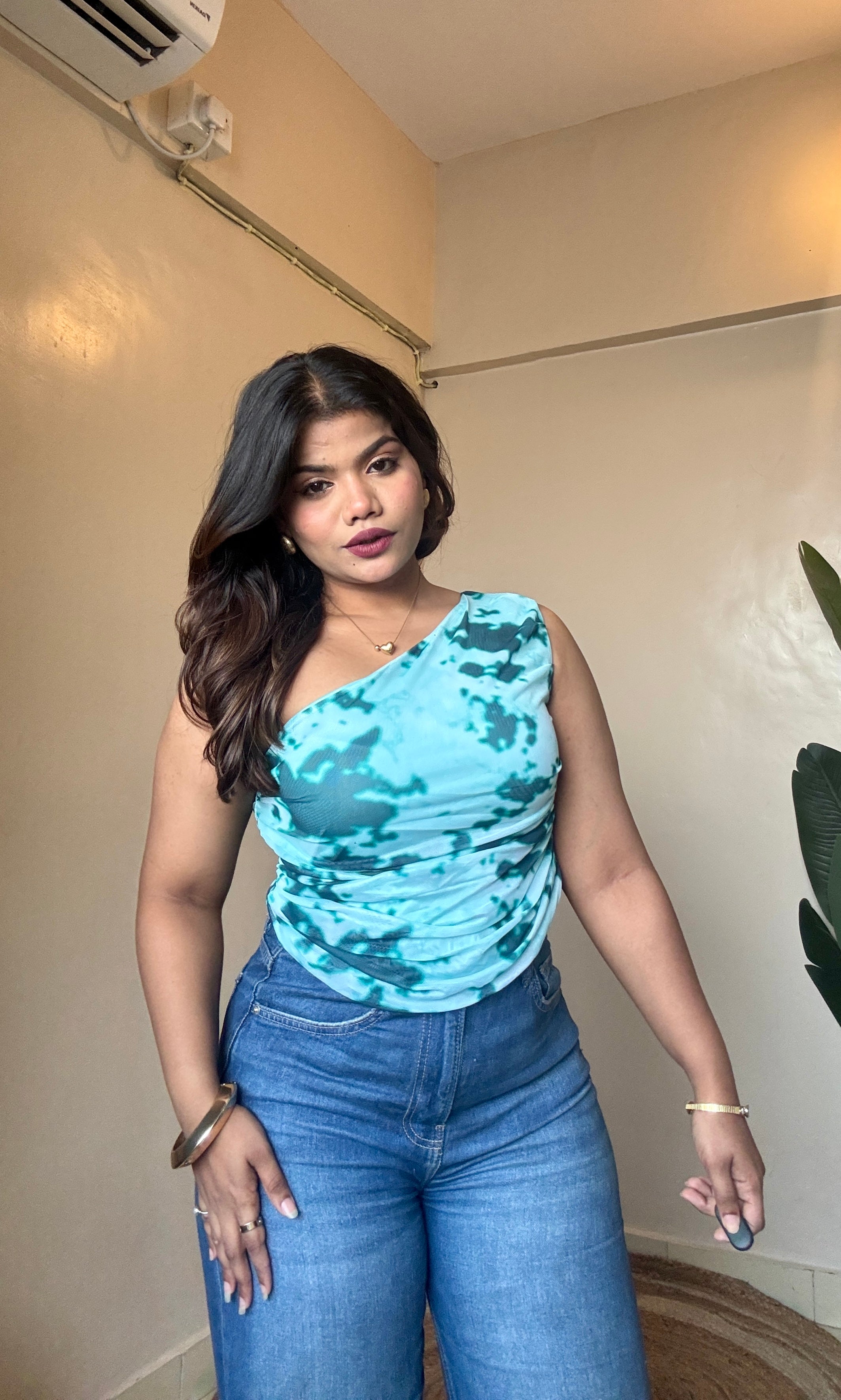 Aqua Blue Marble Print One-Shoulder Mesh Top