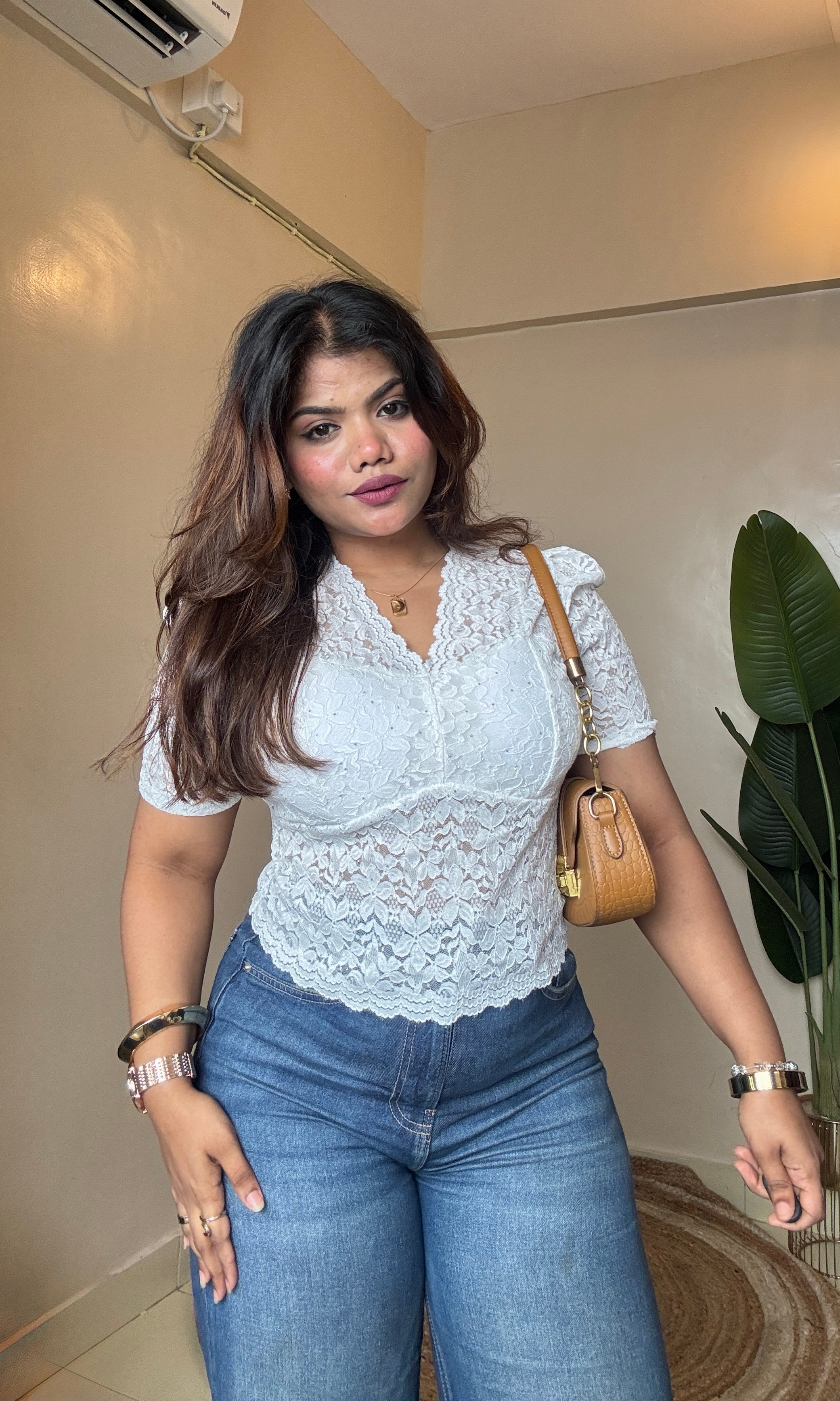 White V Neck Lacework Mesh Top
