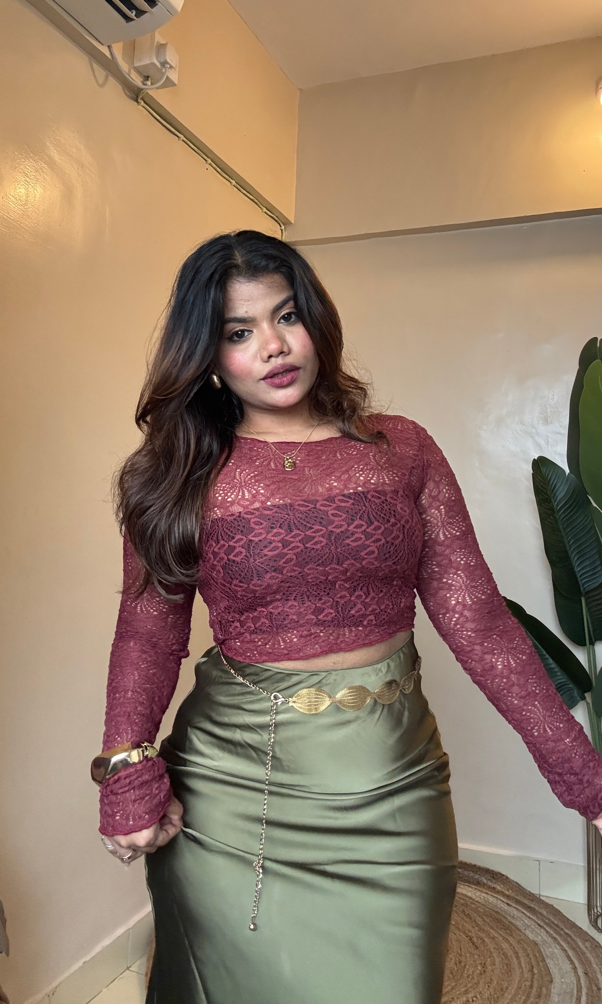 Maroon Sheer Net Top Comes With Inner