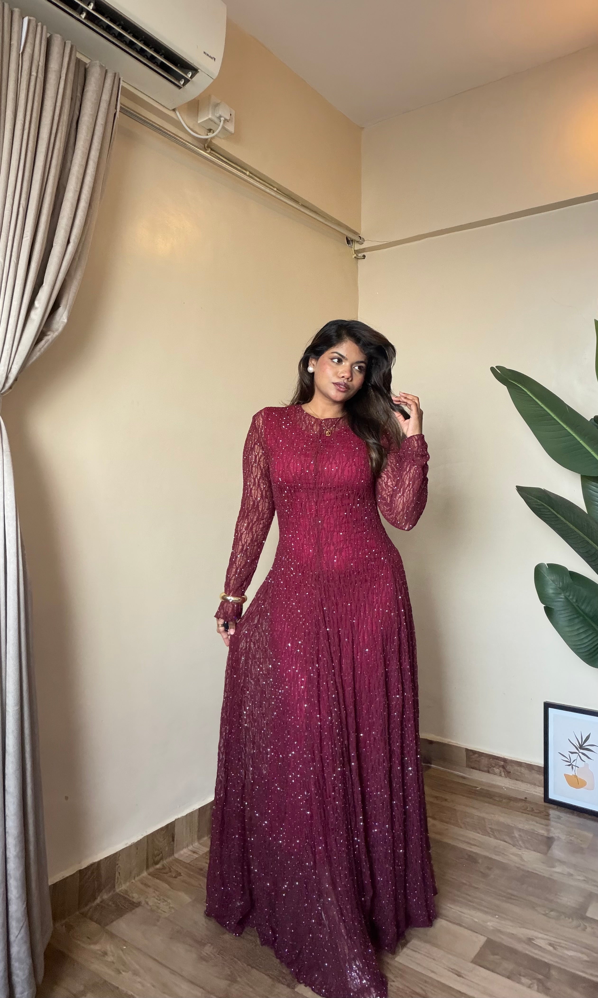 Maroon Embellished Sparkle Gown Dress