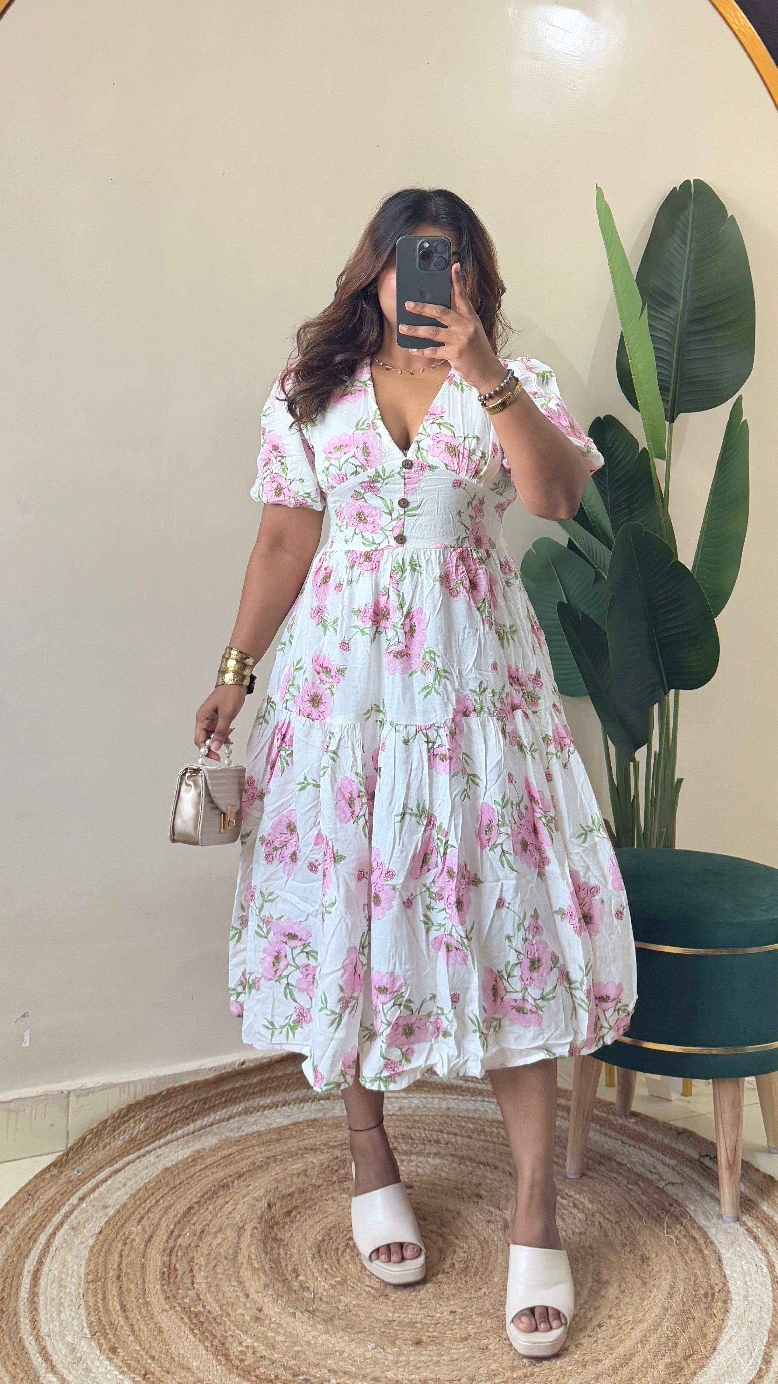 White Floral Printed Puffy Sleeves Dress