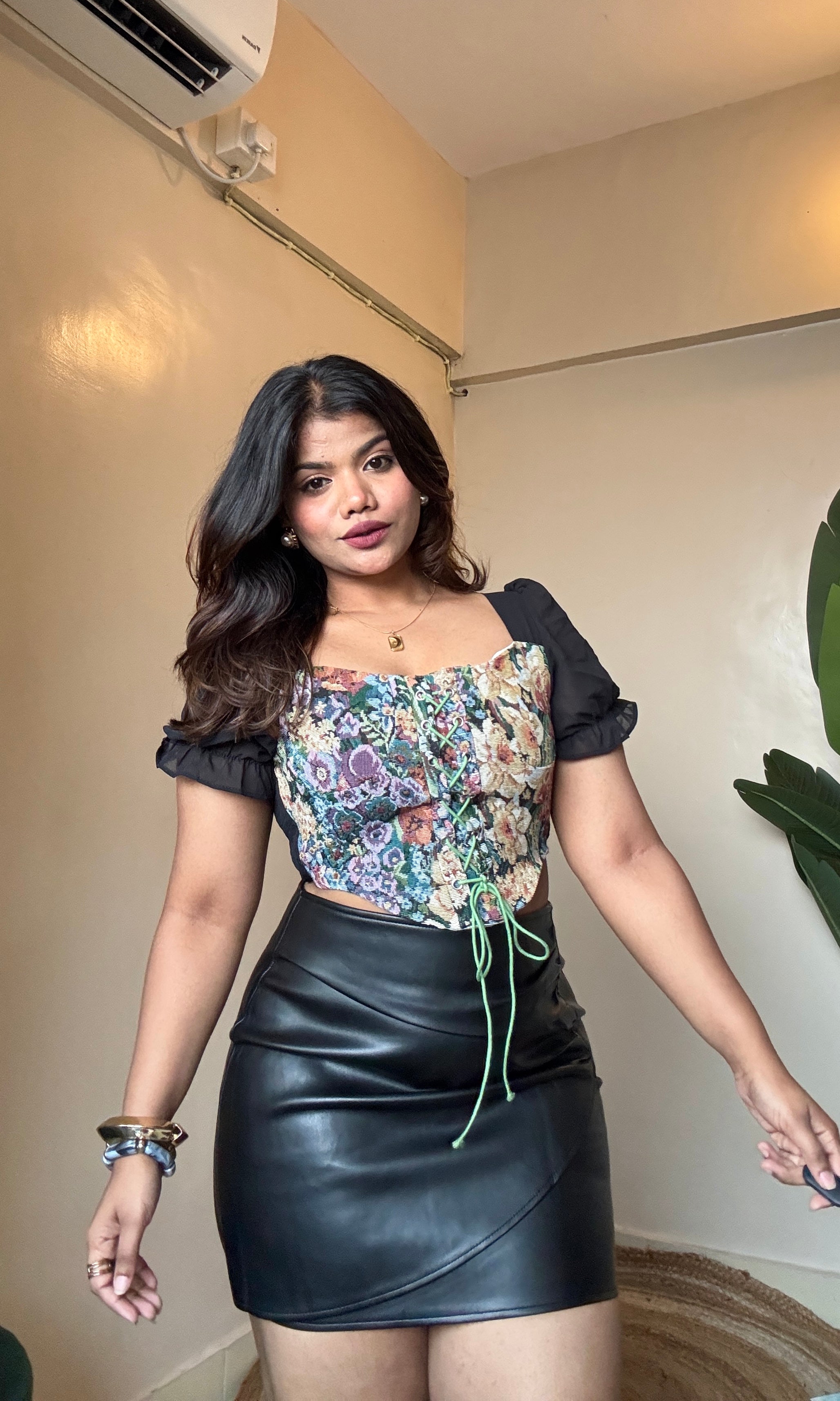 Retro Floral Corset With Puff Sleeve