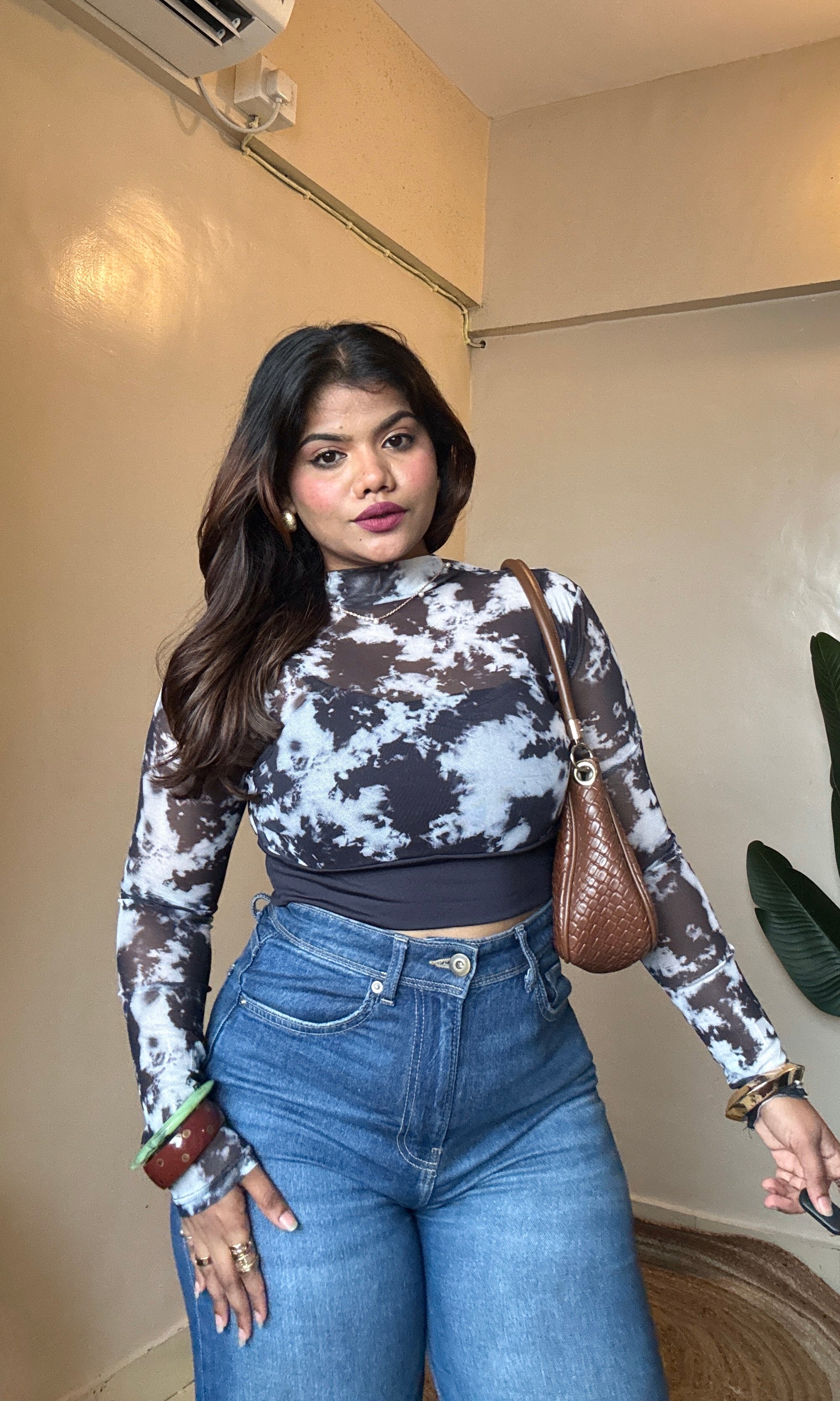 Black Marble Print Mesh Padded Top