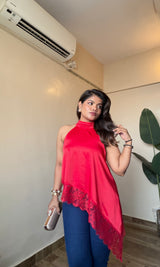 Satin Halter Neck Lacy Assymetric Top