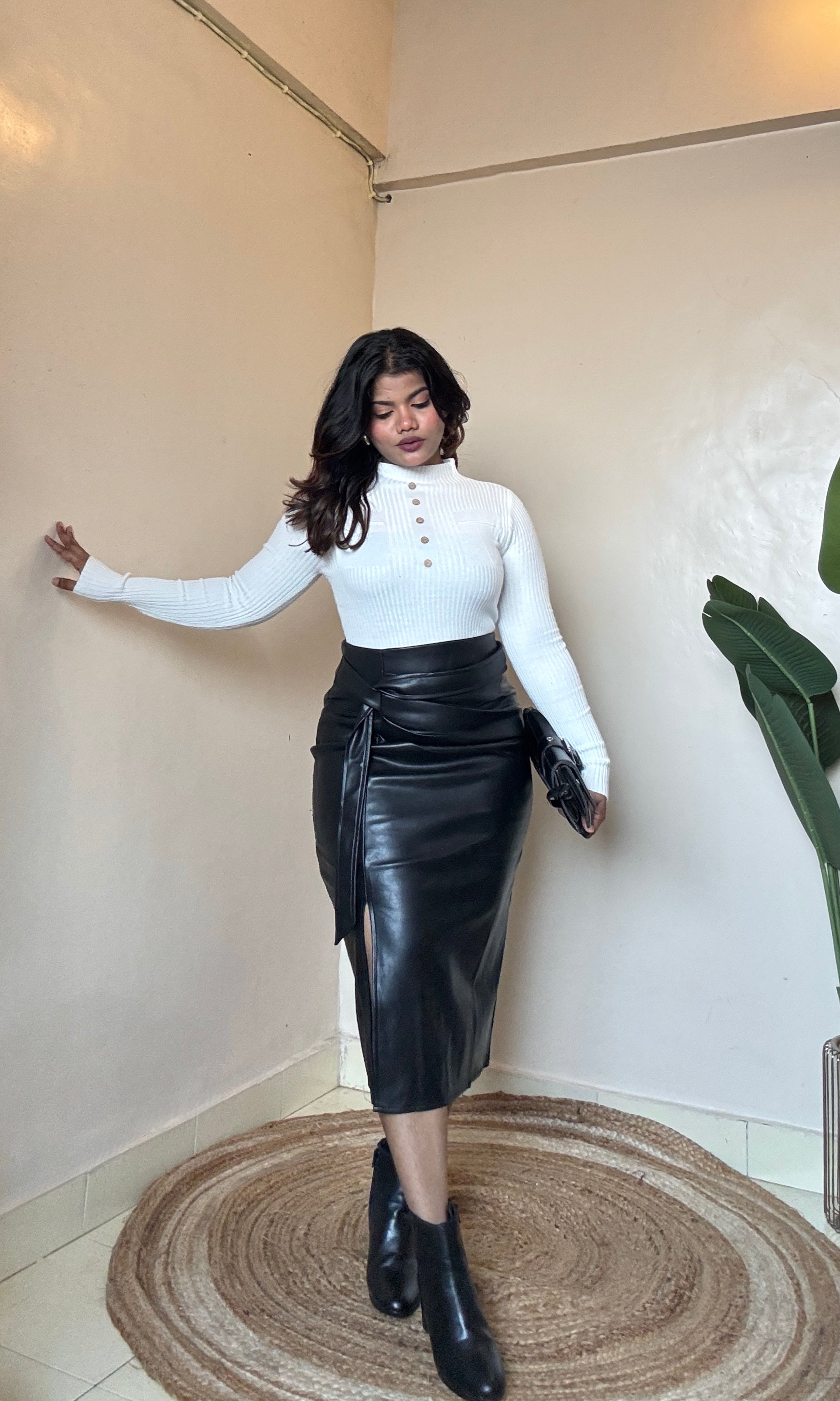 Premium Leather Ruched Slit Cut Skirt