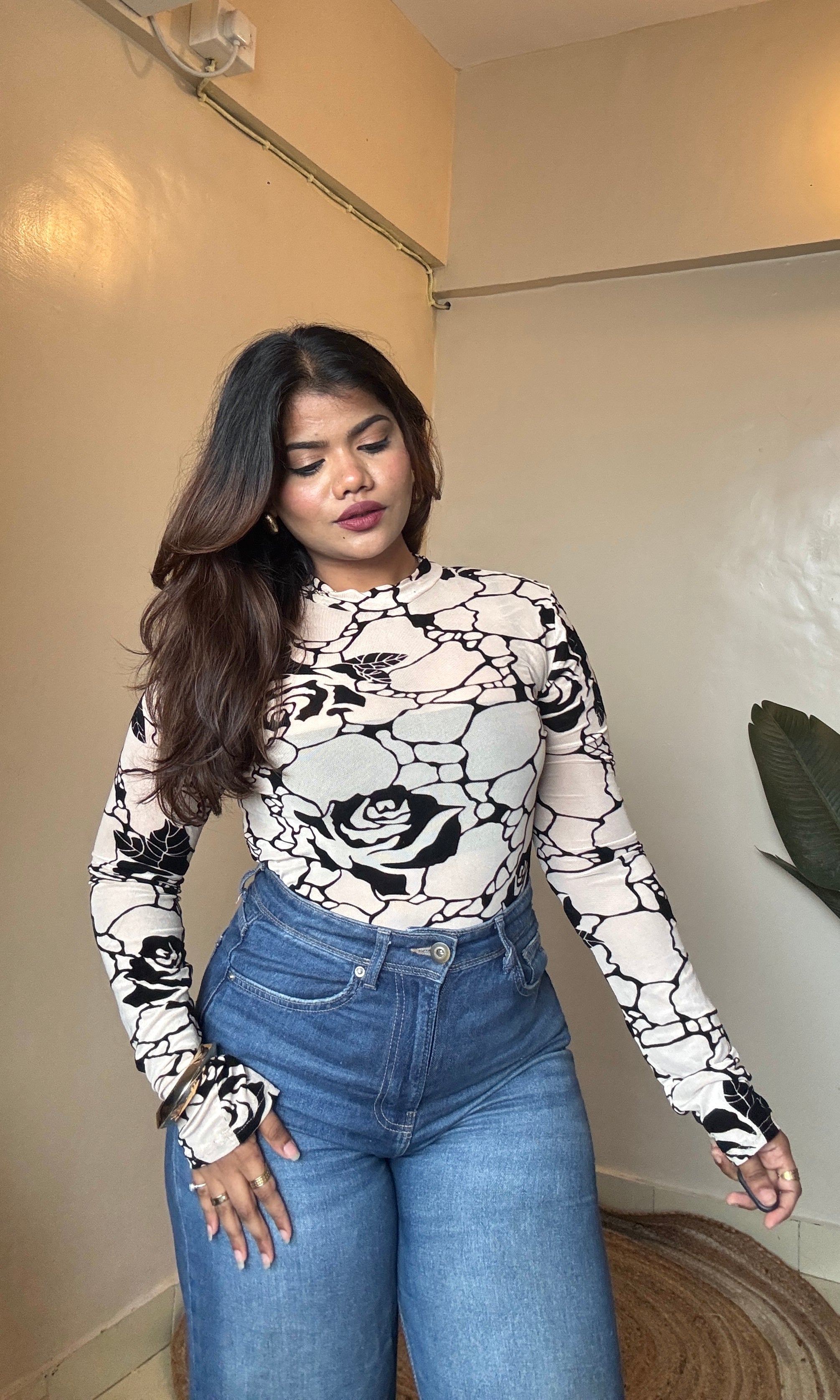 Beige Rose Velvet Printed Sheer Bodysuit Top
