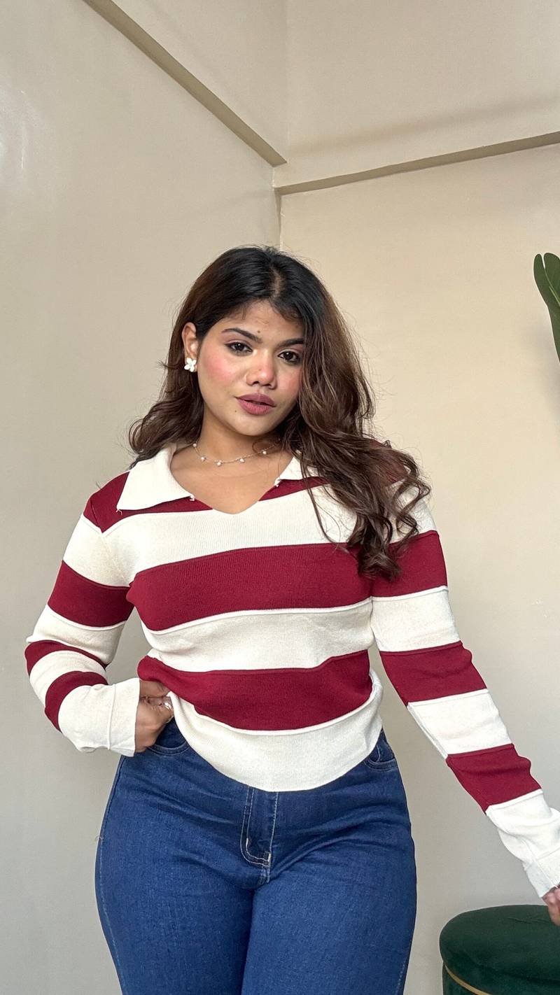 Striped Collar Full Sleeve Top