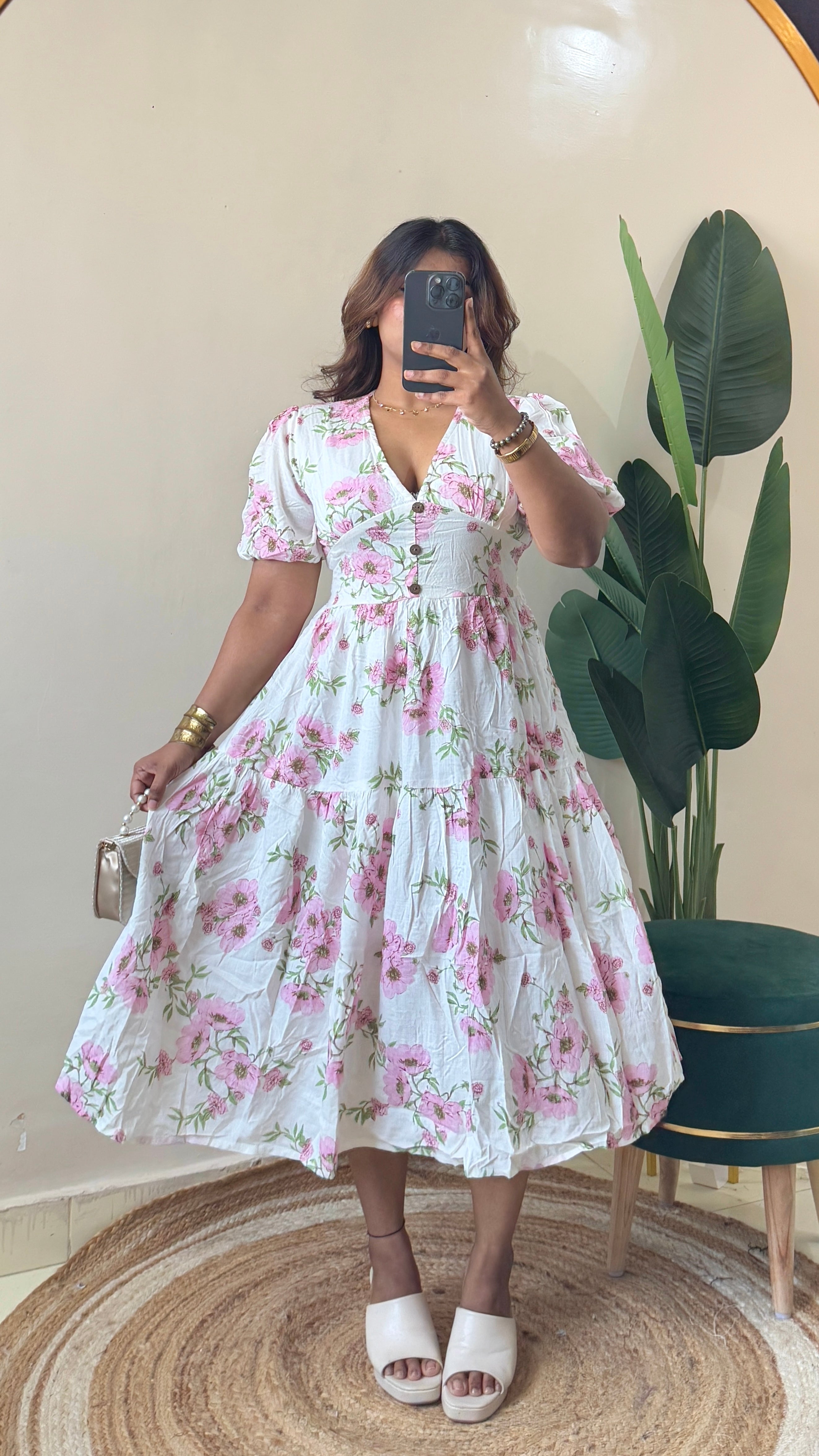 White Floral Printed Puffy Sleeves Dress