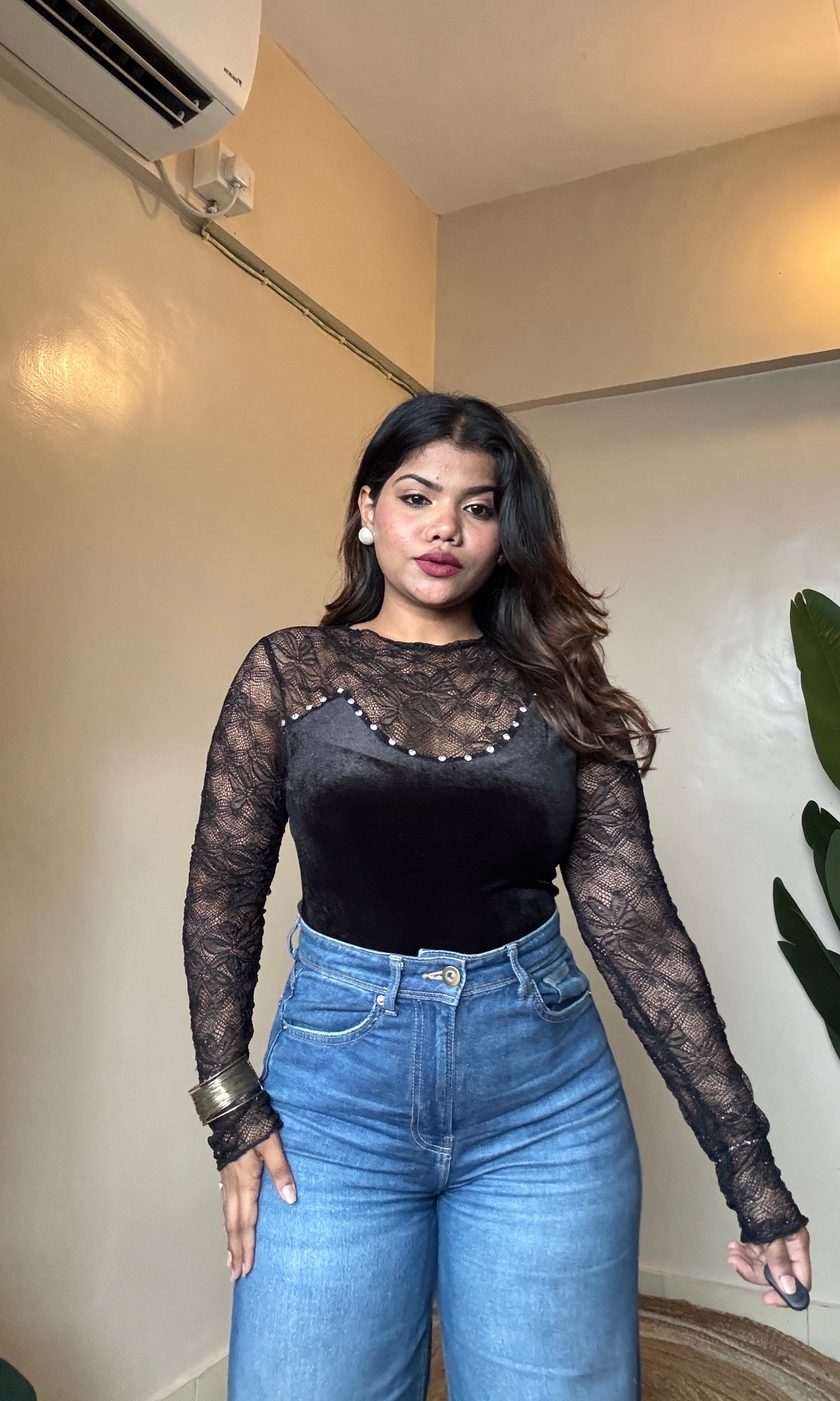 Velvet Mesh Lacy Sleeve Top