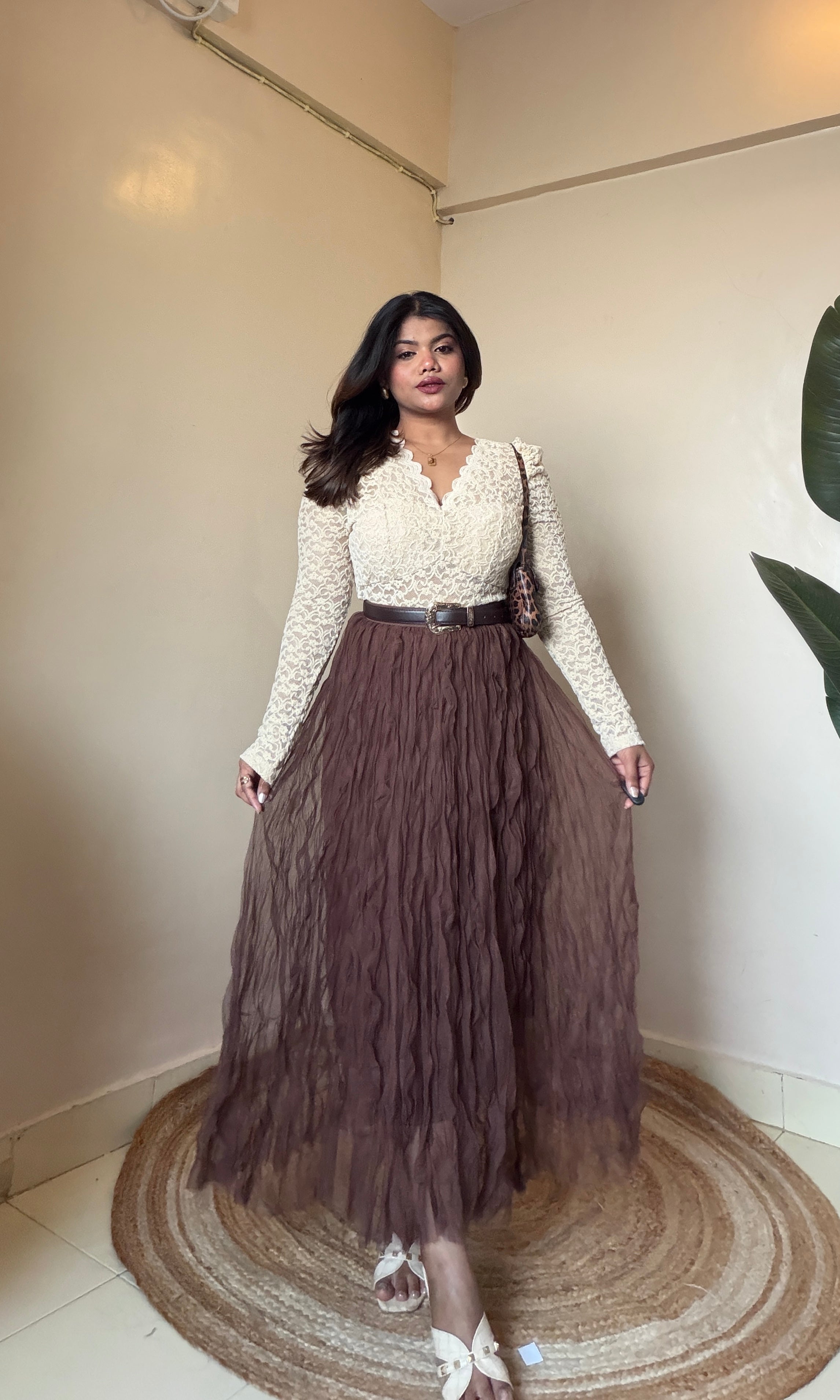 Brown Mesh Frill Skirt