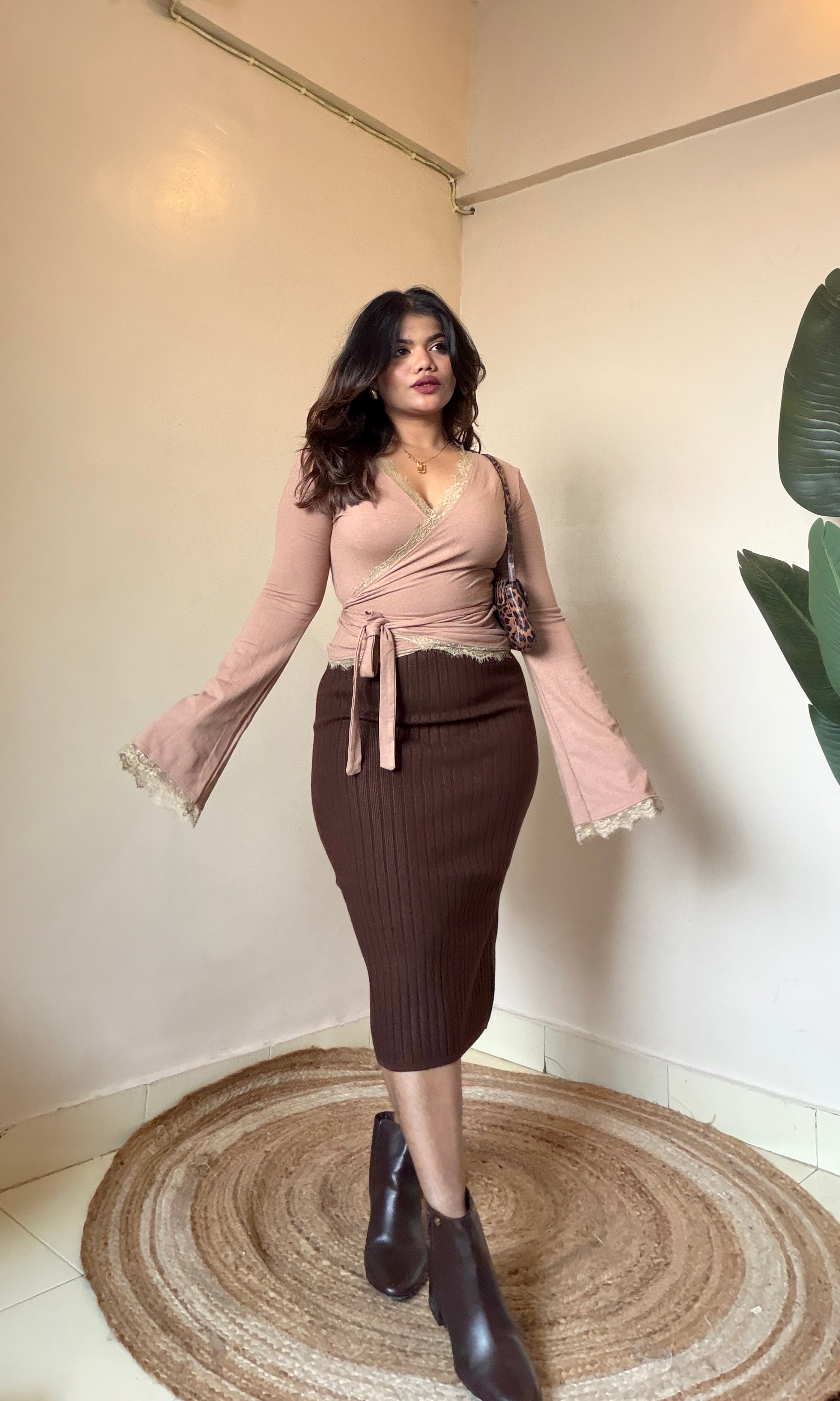 Brown Bodycon Ribbed Skirt
