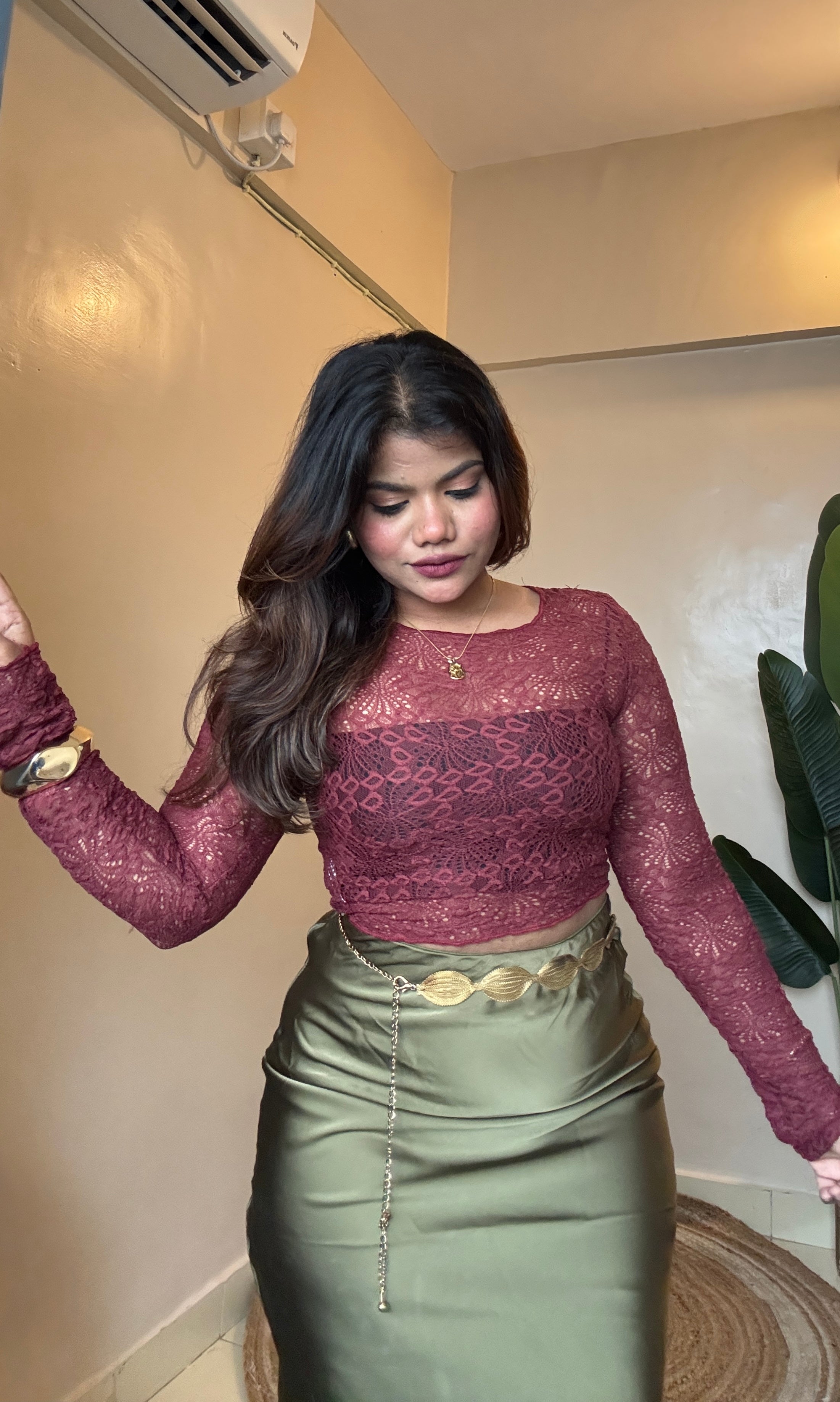 Maroon Sheer Net Top Comes With Inner