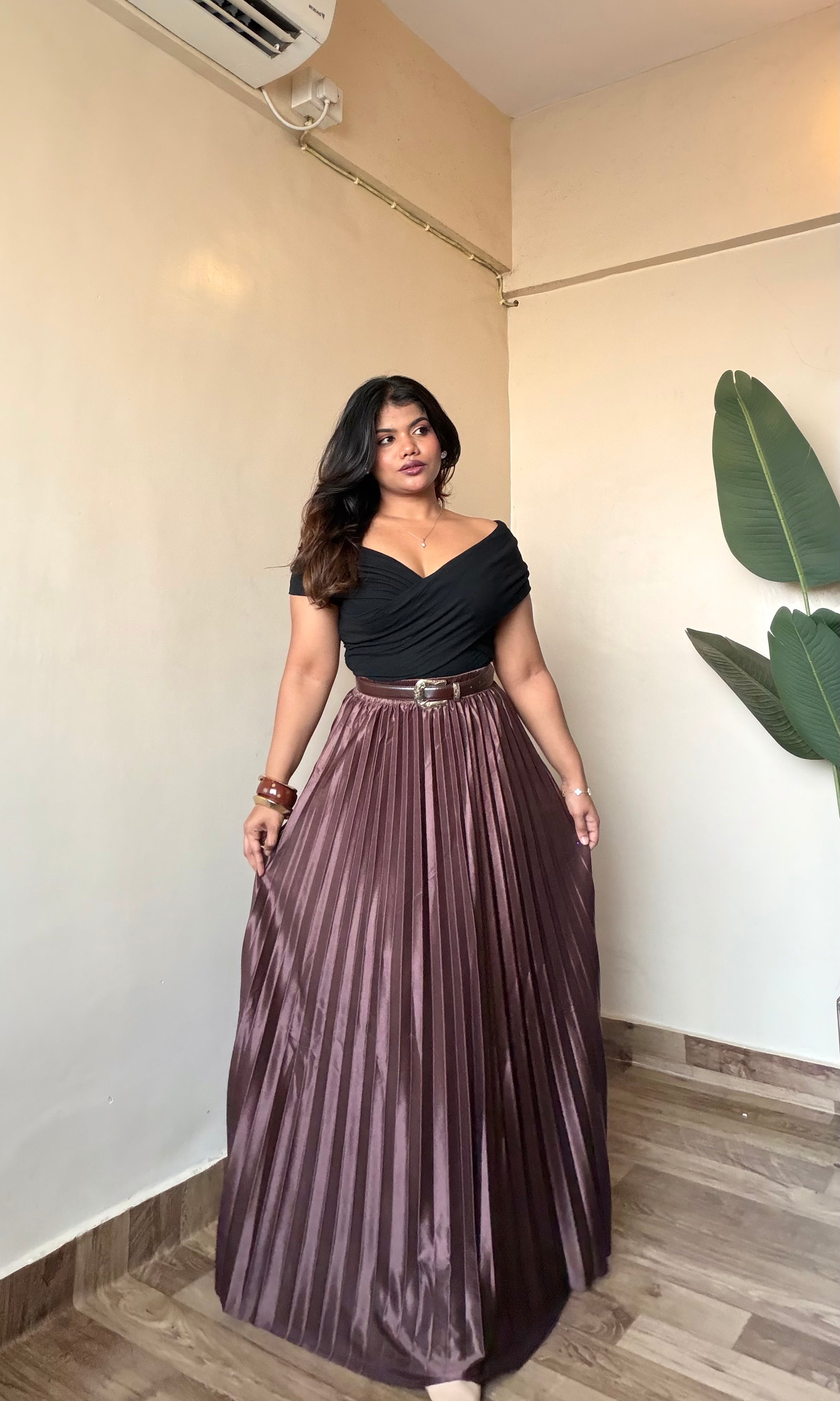 Premium Brown Satin Pleated Skirt