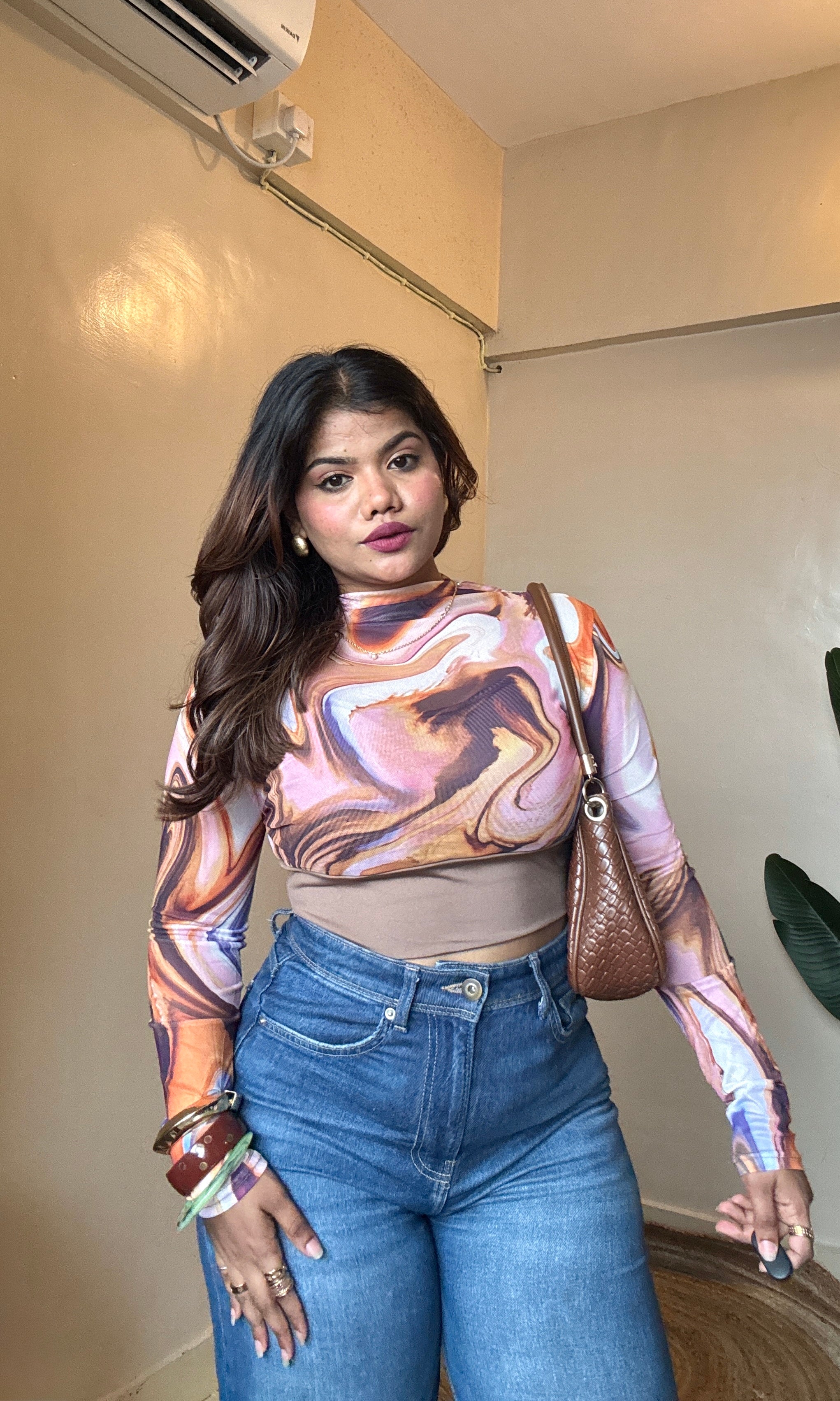 Abstract Marble Print Mesh Top