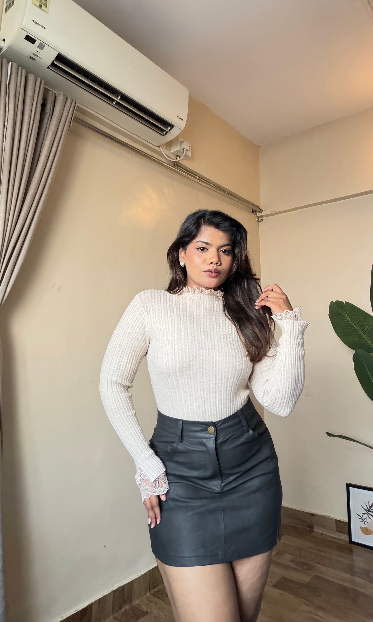 Ribbed Mock Neck Top With Lace Sleeves