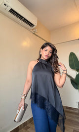 Satin Halter Neck Lacy Assymetric Top