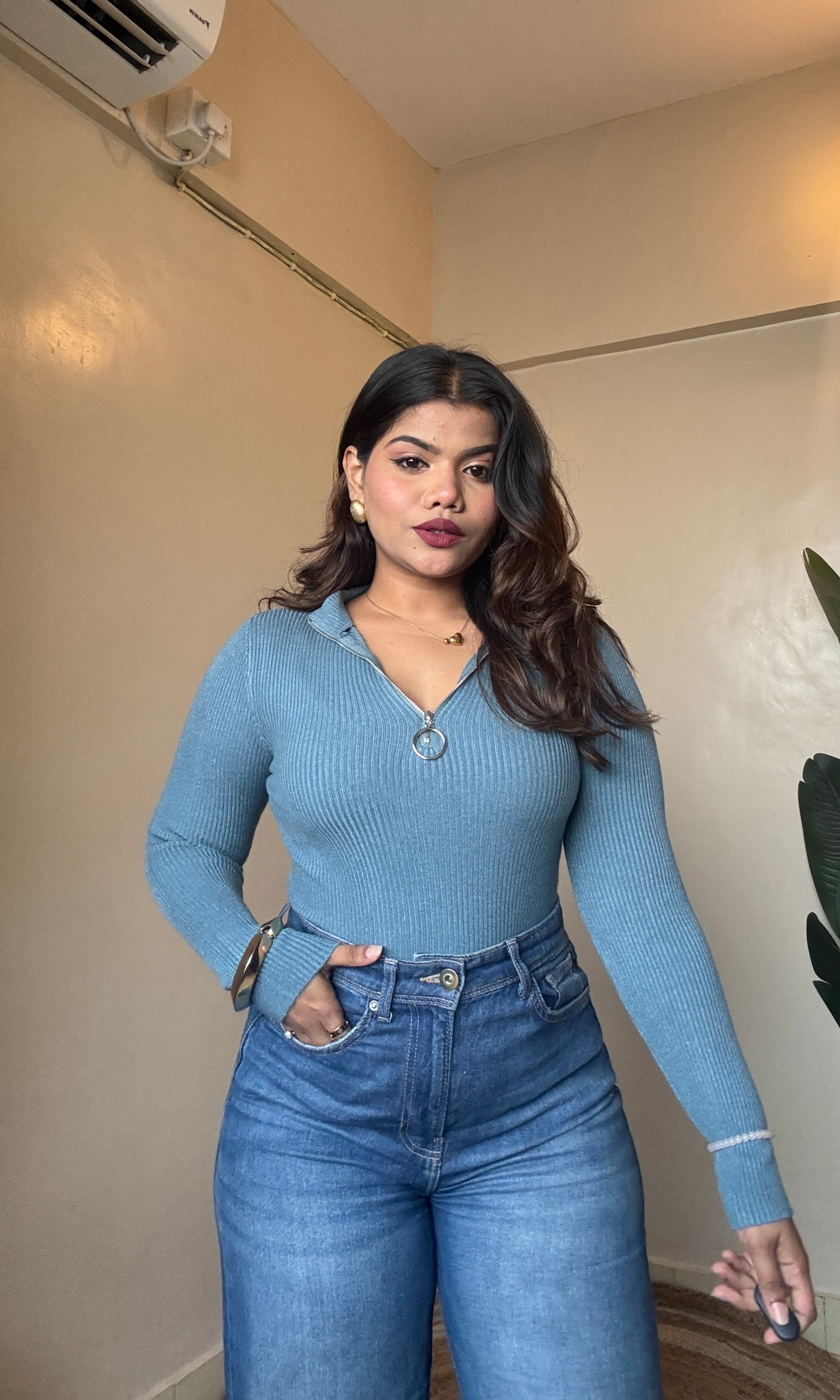 Zipper Neck Ribbed Top