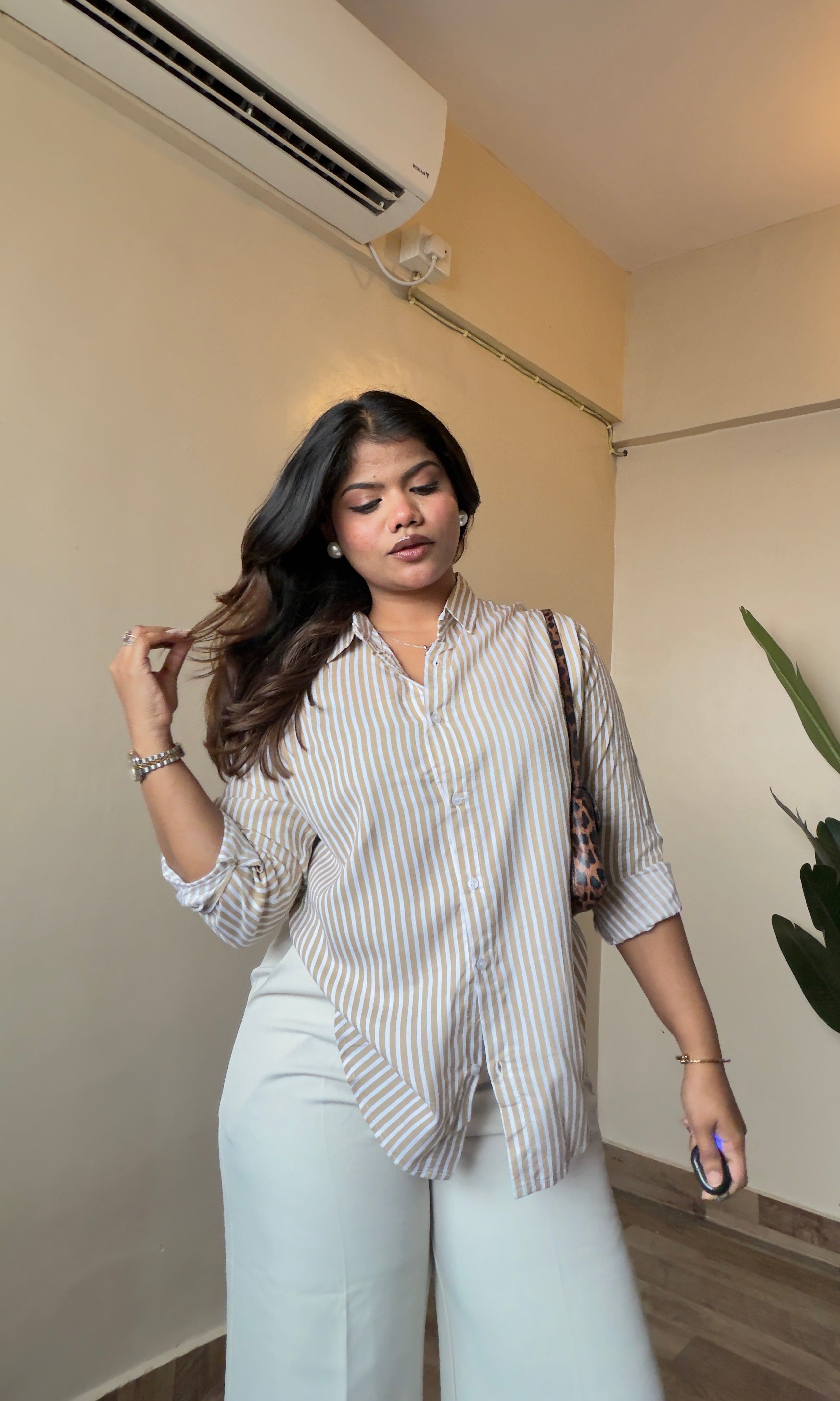 Beige-White Striped Cotton Shirt