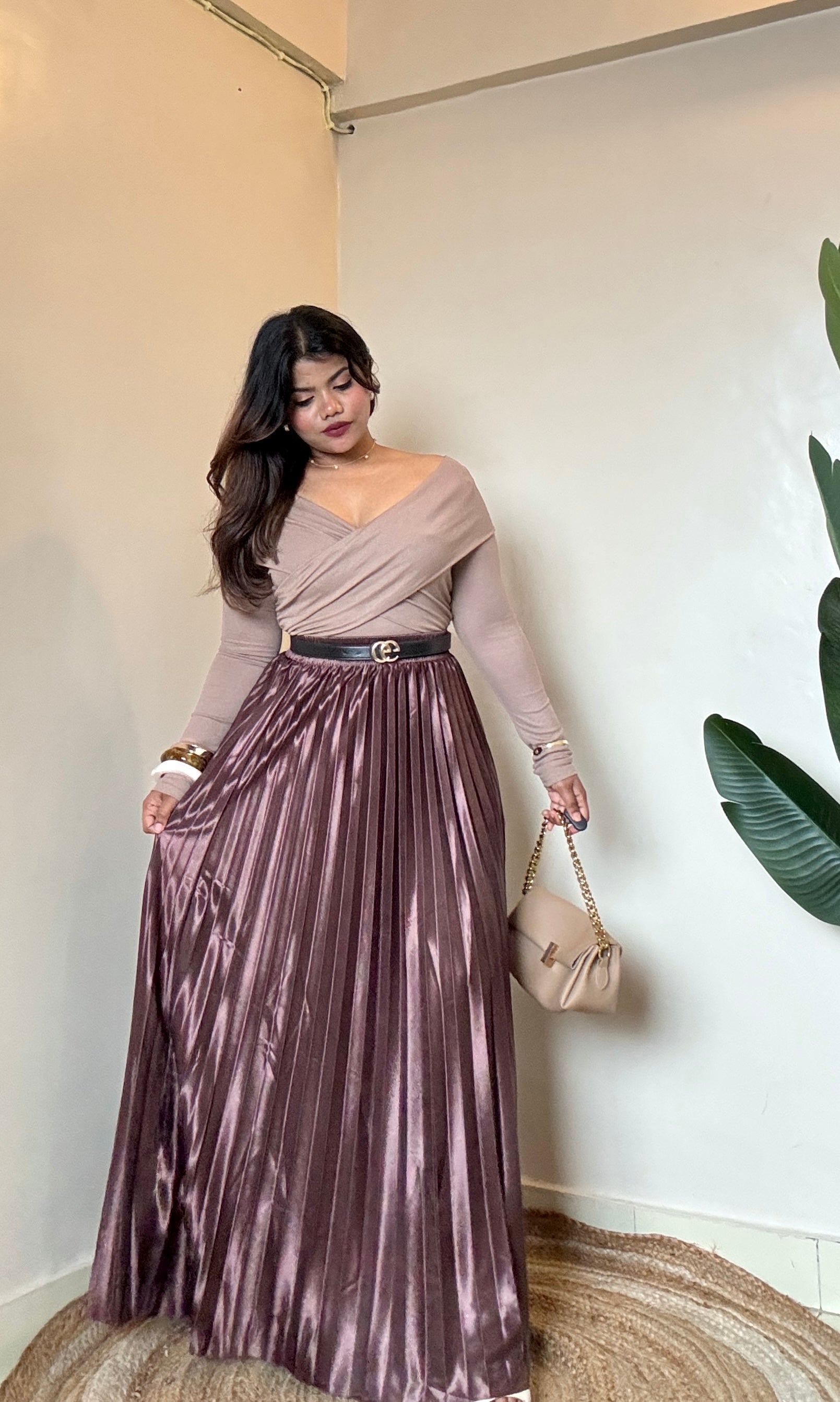 Premium Brown Satin Pleated Skirt
